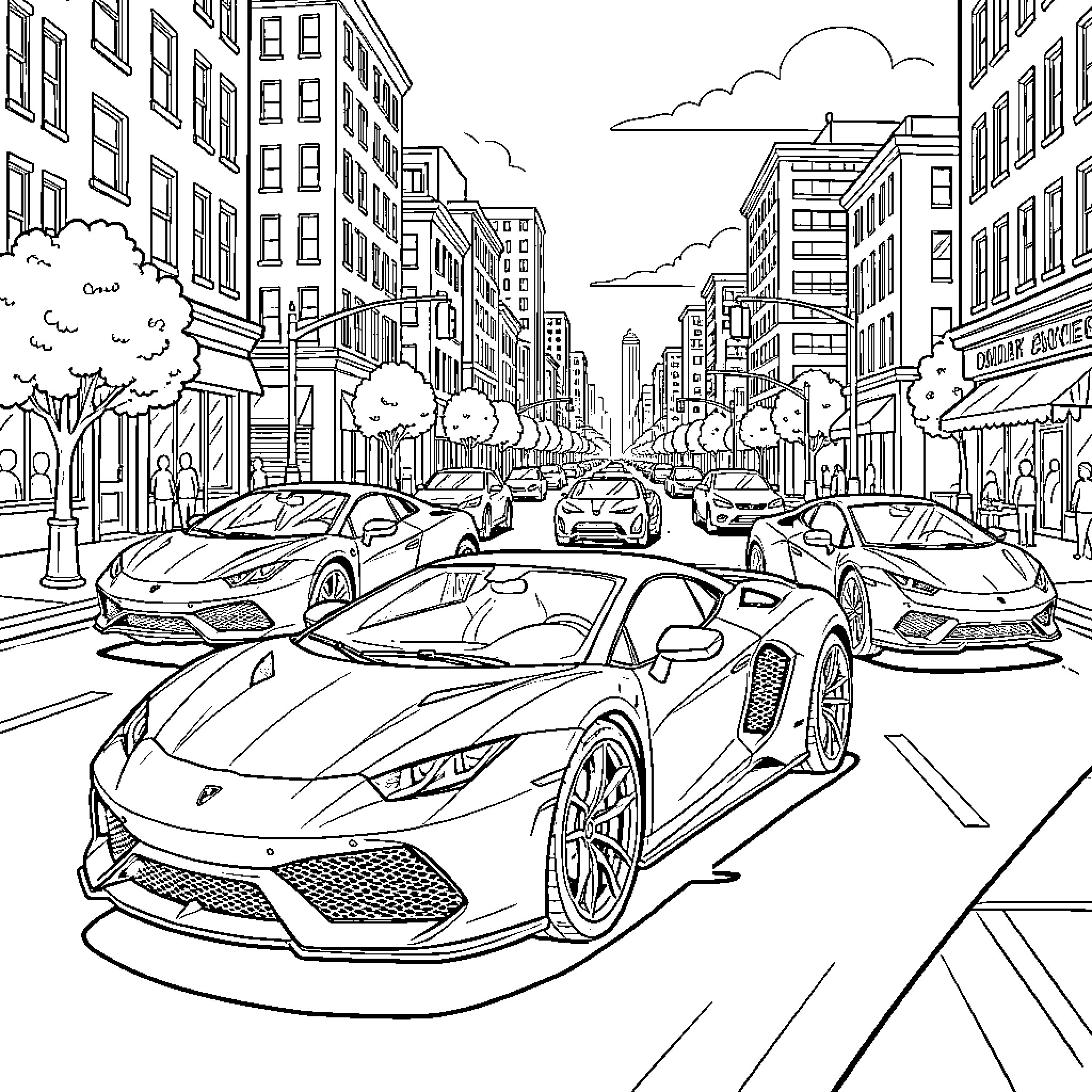 Deportivo Vehicles Crowding the City Streets Coloring Page (free black-and-white line drawing printable PDF for all, from beginners to advanced learners, including children, teens, adults, and seniors)