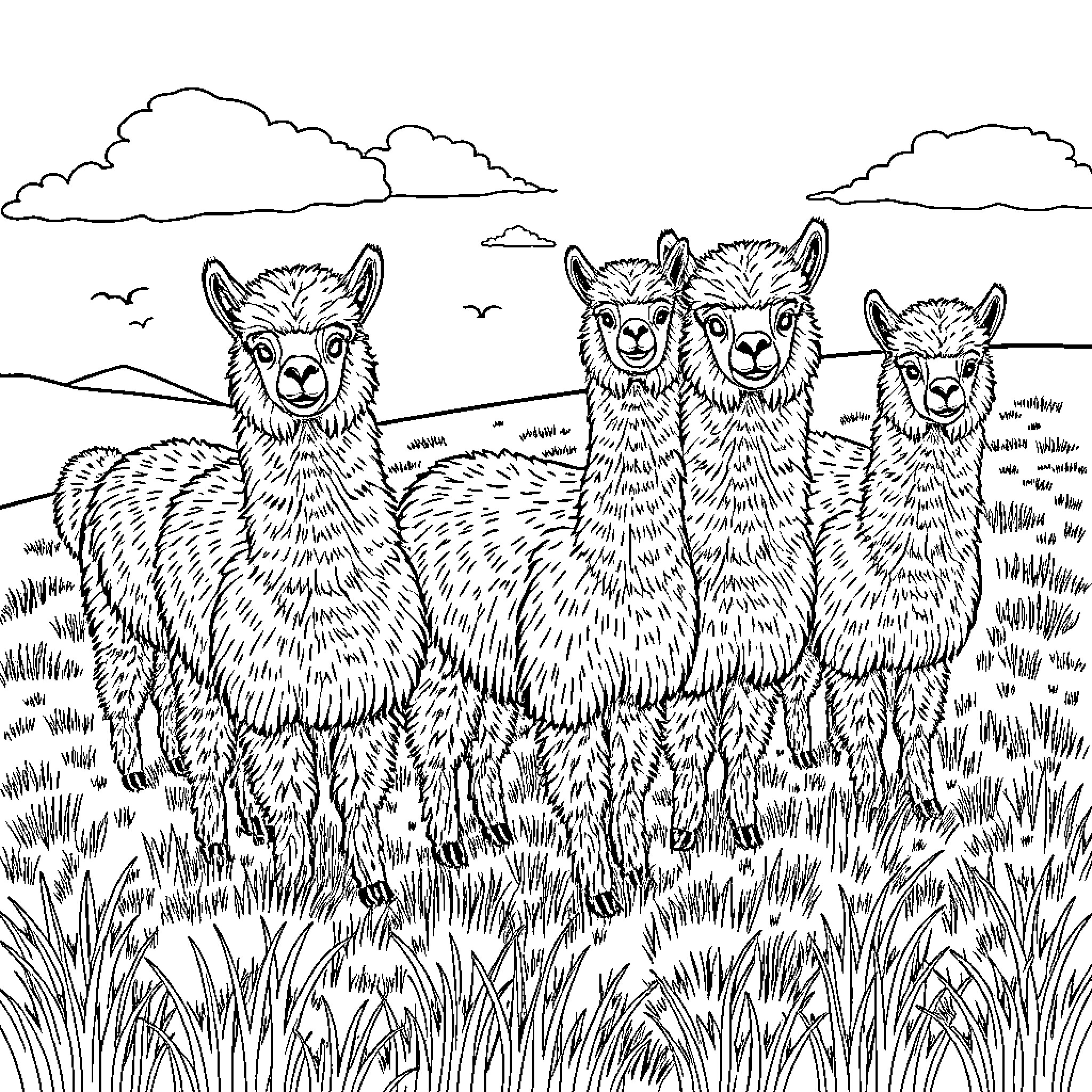 Alpacas grazing in a scenic mountain landscape Coloring Page (free black-and-white line drawing printable PDF for all, from beginners to advanced learners, including children, teens, adults, and seniors)