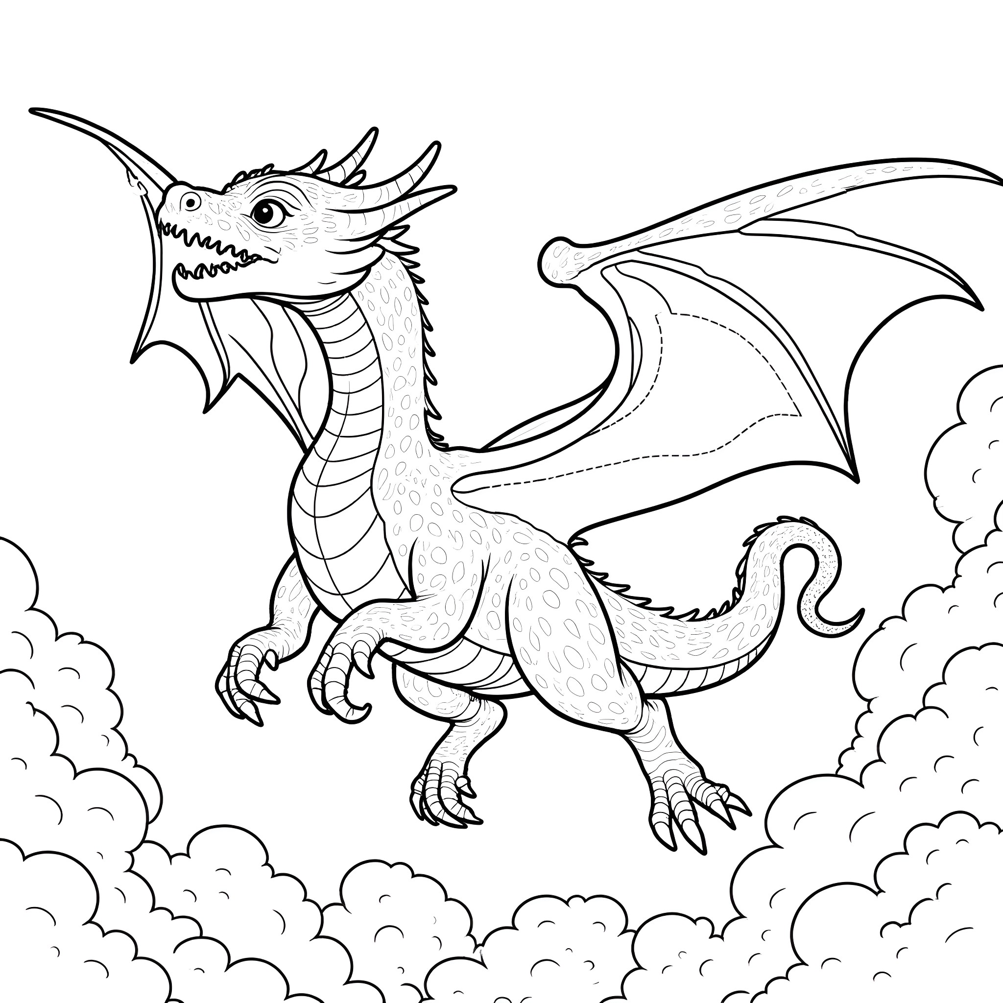 Dragon Soaring Amidst Clouds Coloring Page (free black-and-white line drawing printable PDF for all, from beginners to advanced learners, including children, teens, adults, and seniors)