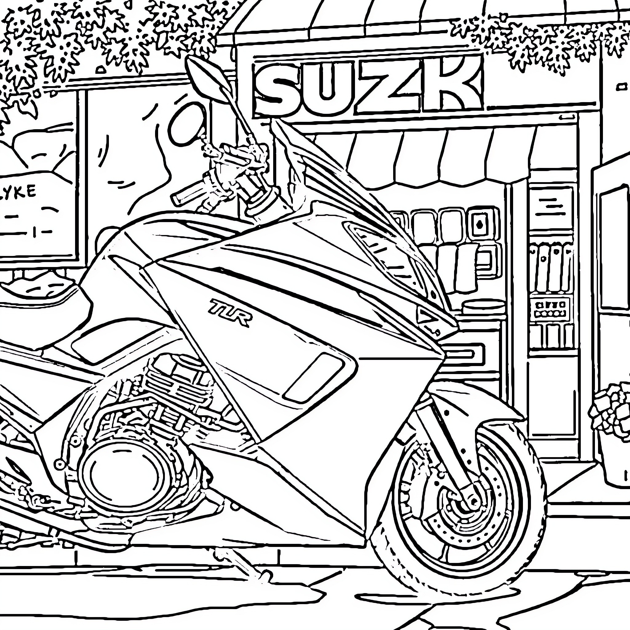 Moto Bike Parked Outside Suzuki Store Coloring Page (free black-and-white line drawing printable PDF for all, from beginners to advanced learners, including children, teens, adults, and seniors)