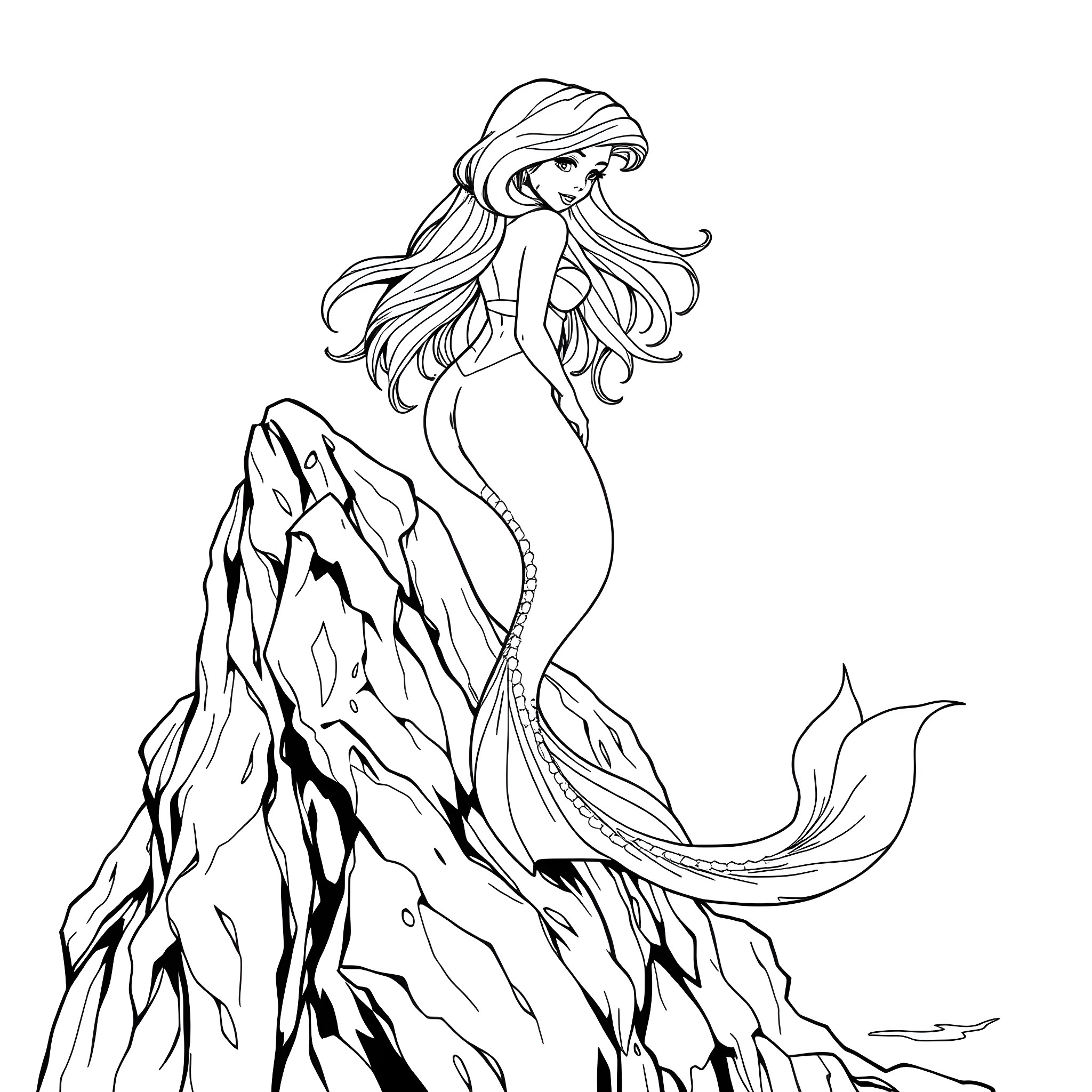 Mermaid with flowing hair on rocky seascape Coloring Page (free black-and-white line drawing printable PDF for all, from beginners to advanced learners, including children, teens, adults, and seniors)