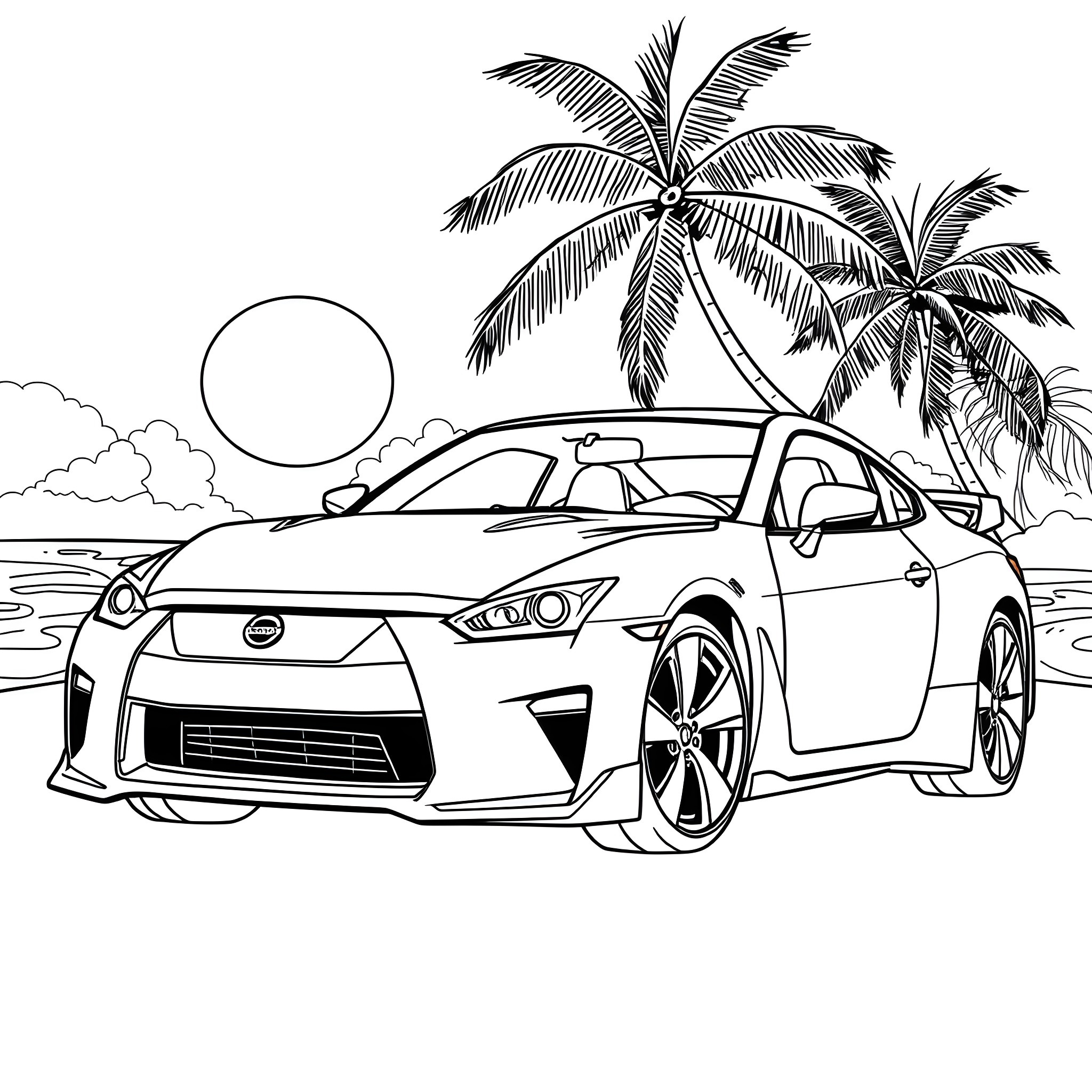 Nissan sports car on tropical beach Coloring Page (free black-and-white line drawing printable PDF for all, from beginners to advanced learners, including children, teens, adults, and seniors)