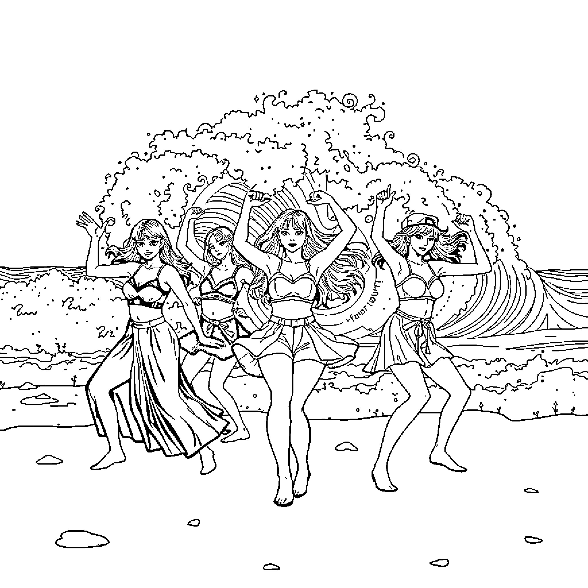 Kpop idols dancing joyfully on the beach Coloring Page (free black-and-white line drawing printable PDF for all, from beginners to advanced learners, including children, teens, adults, and seniors)