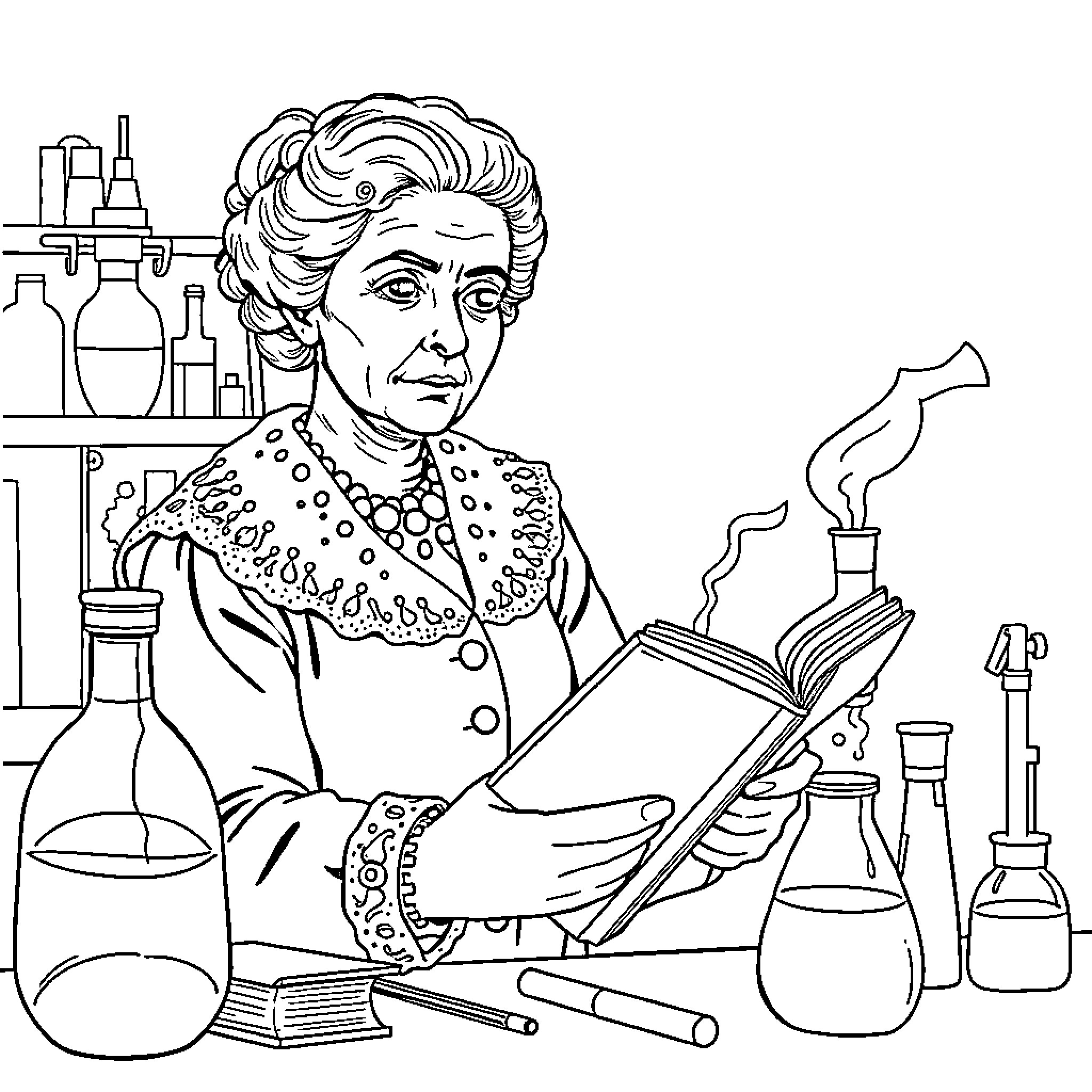 Marie Curie conducting scientific experiments in laboratory Coloring Page (free black-and-white line drawing printable PDF for all, from beginners to advanced learners, including children, teens, adults, and seniors)
