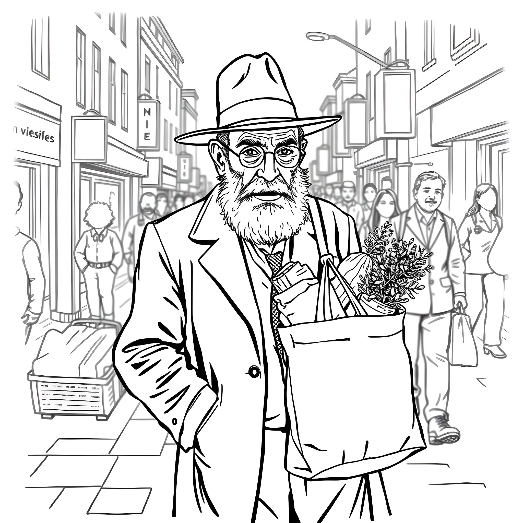 Jewish Man Walking Carrying Grocery Bag in City Coloring Page (free black-and-white line drawing printable PDF for all, from beginners to advanced learners, including children, teens, adults, and seniors)