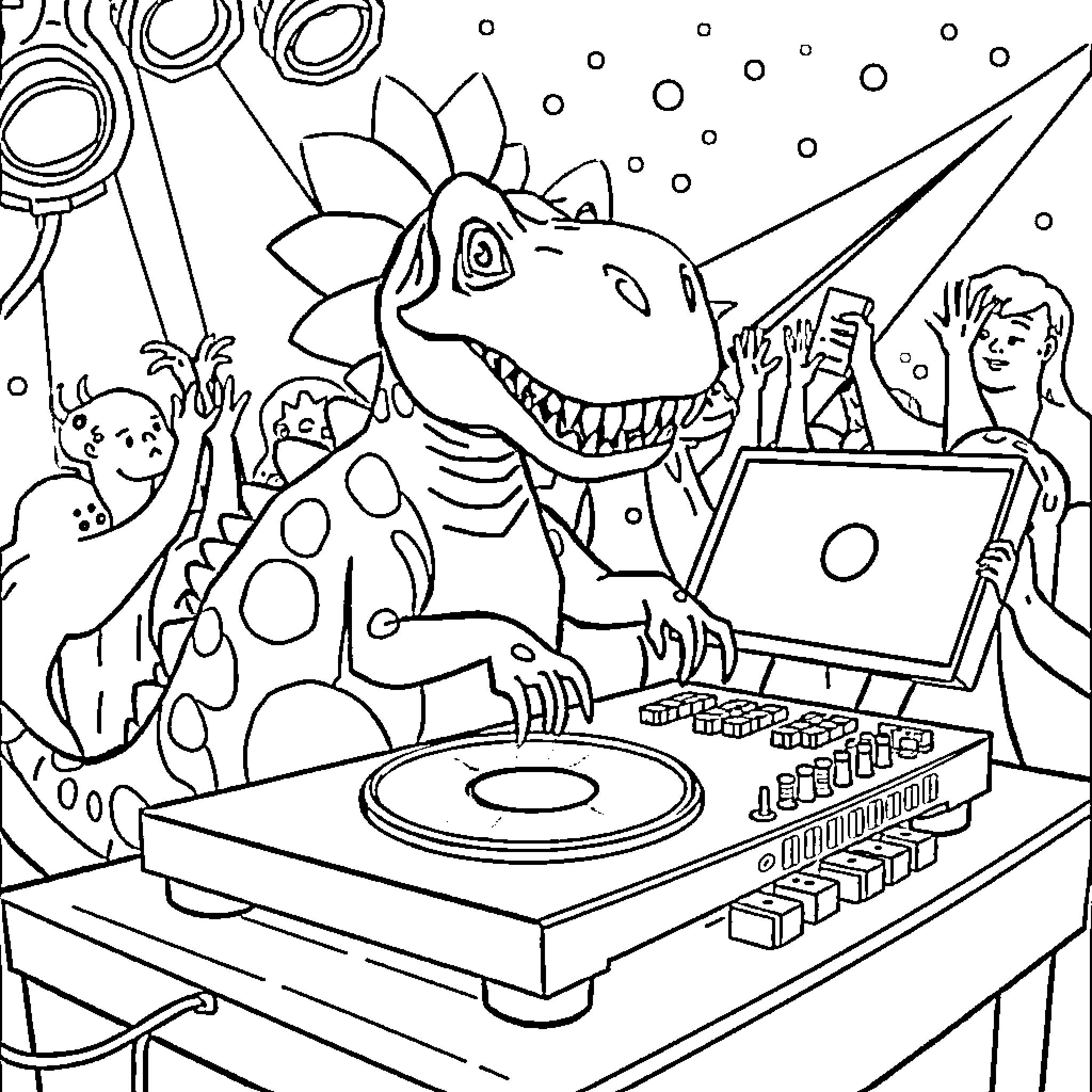 Dinosaur DJ spinning tunes for dancing humans Coloring Page (free black-and-white line drawing printable PDF for all, from beginners to advanced learners, including children, teens, adults, and seniors)
