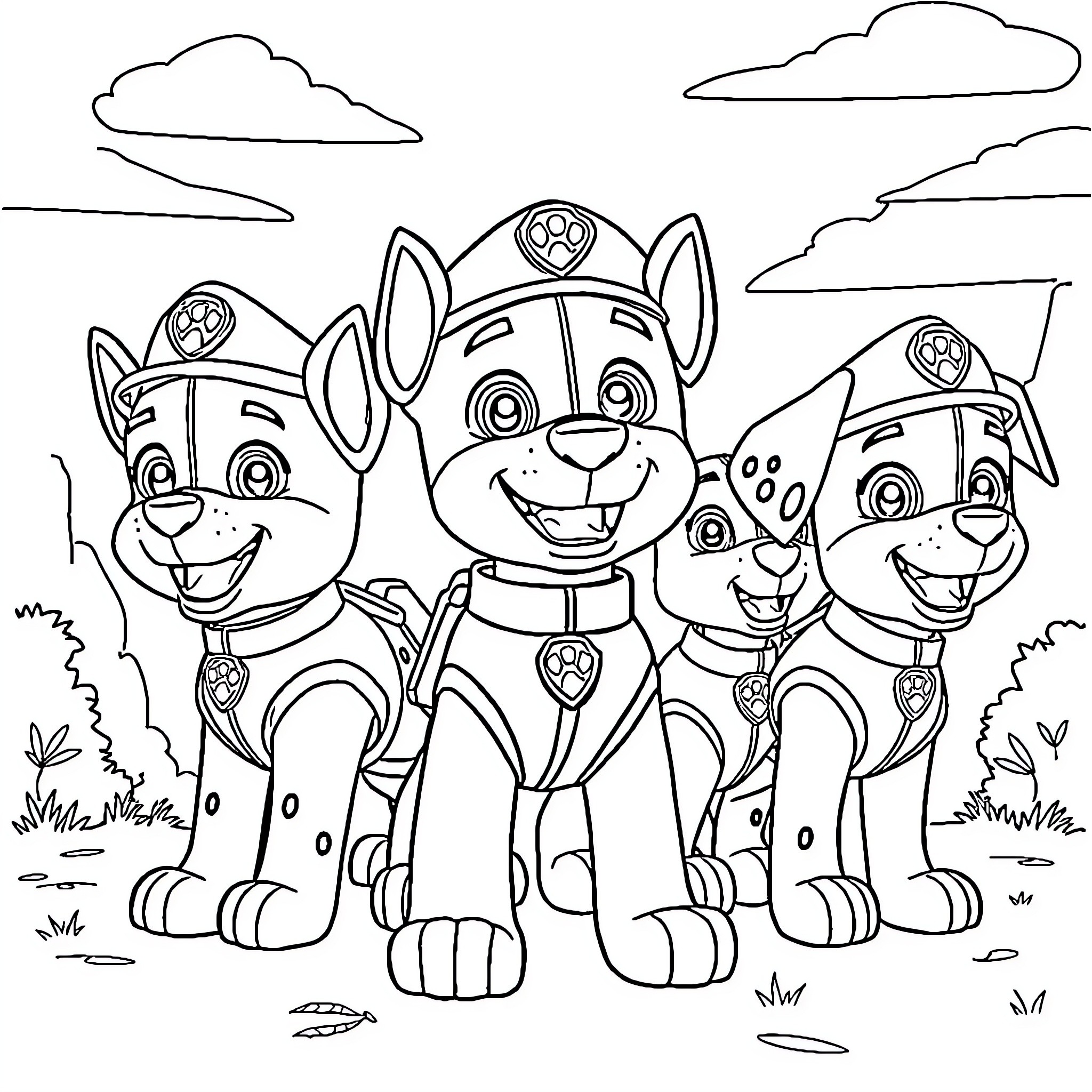 Paw Patrol pups on an adventure Coloring Page (free black-and-white line drawing printable PDF for all, from beginners to advanced learners, including children, teens, adults, and seniors)