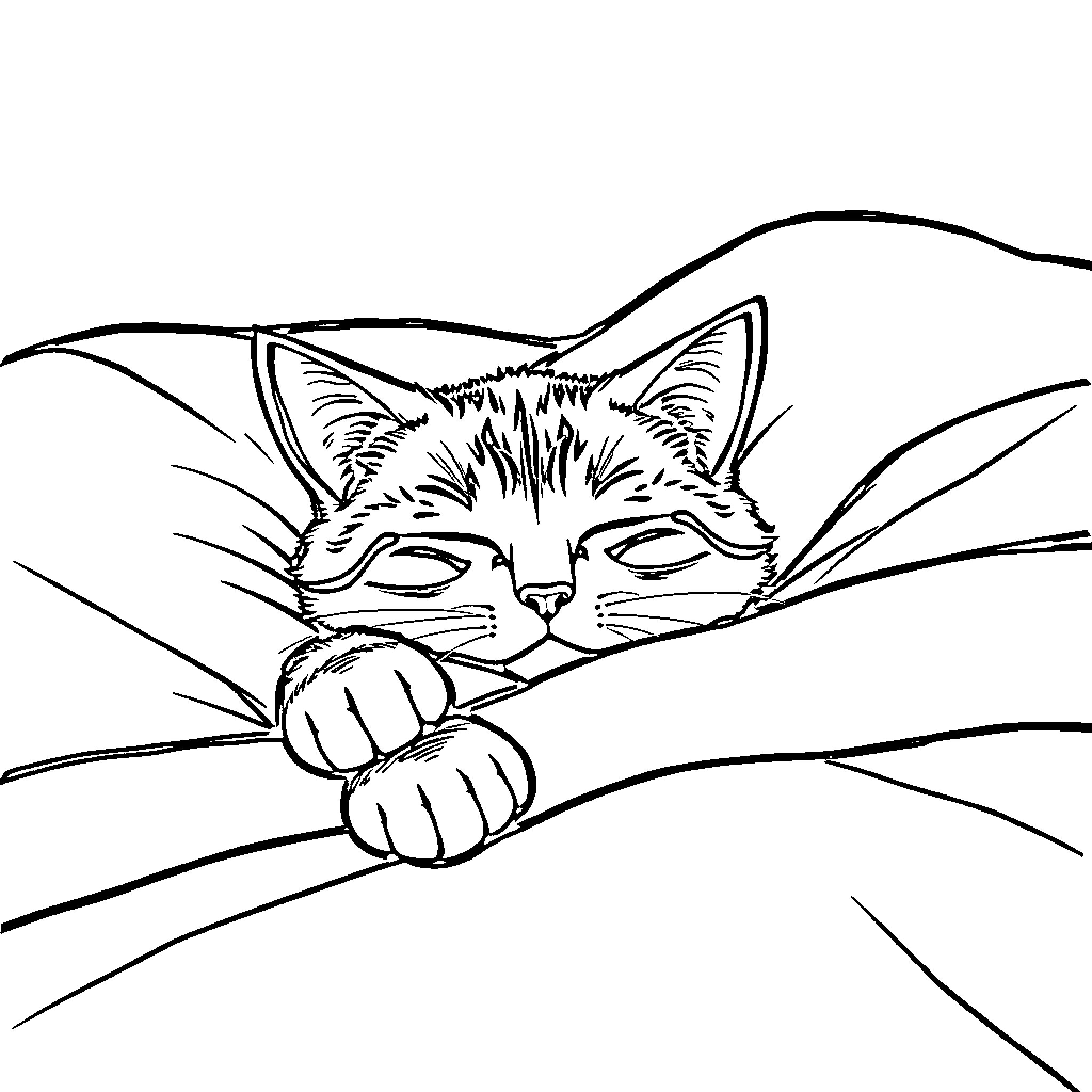 Cat resting peacefully in the shadow Coloring Page (free black-and-white line drawing printable PDF for all, from beginners to advanced learners, including children, teens, adults, and seniors)