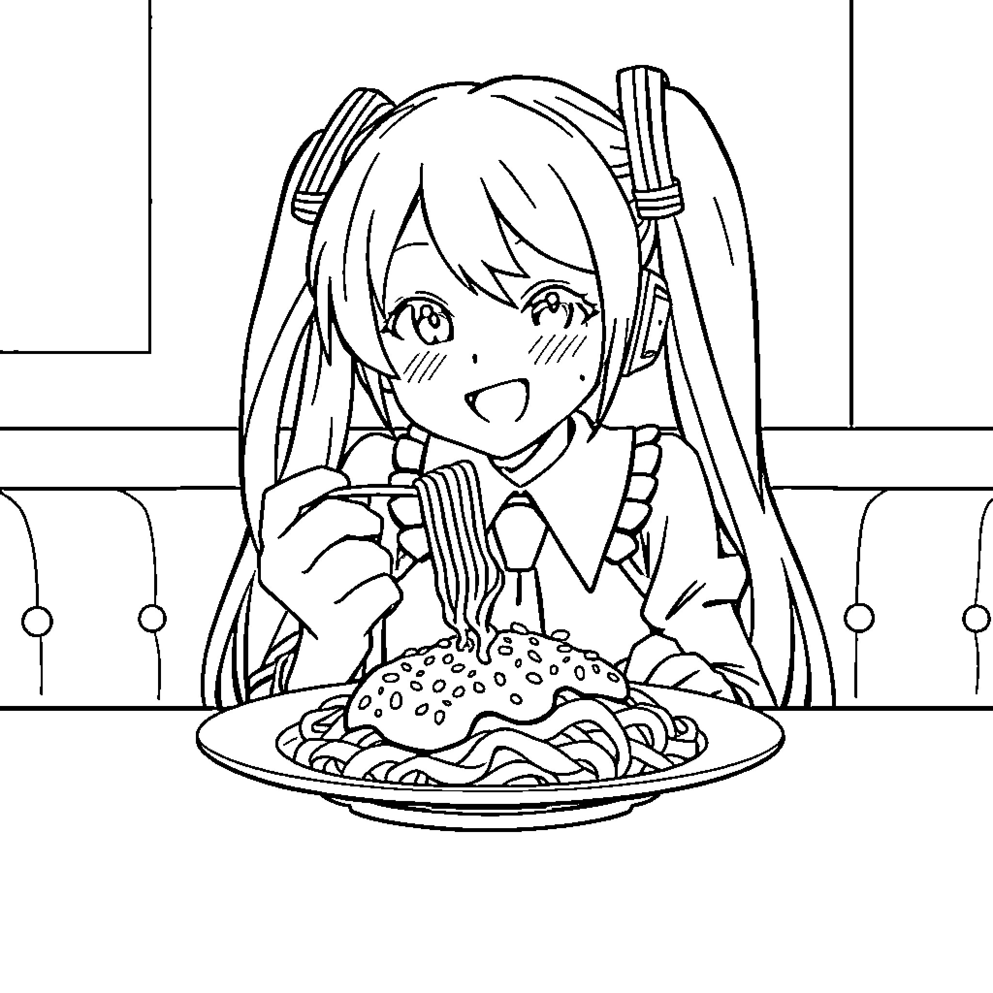 Hatsune Miku enjoying a delicious meal Coloring Page (free black-and-white line drawing printable PDF for all, from beginners to advanced learners, including children, teens, adults, and seniors)