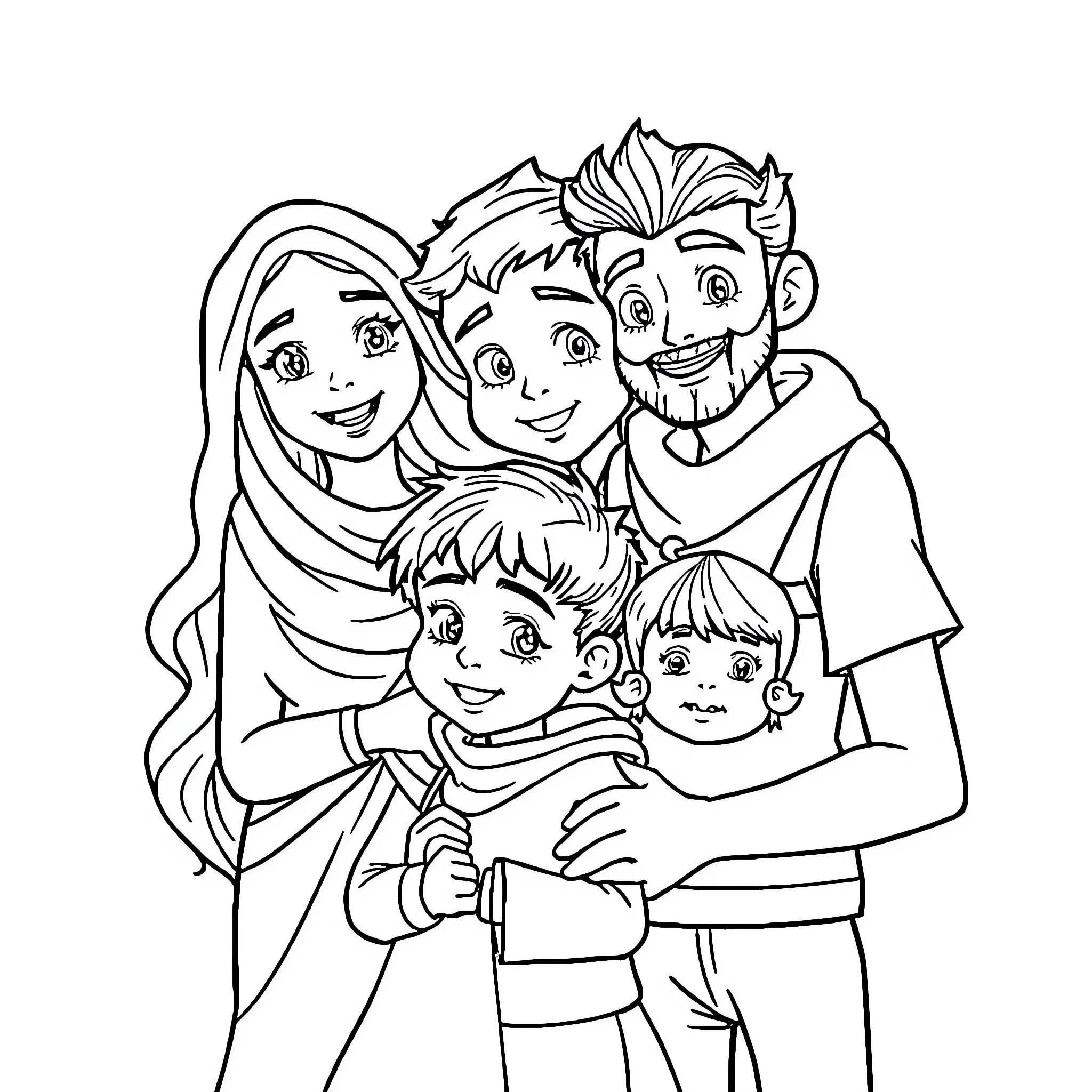 Sami's Happy Family Portrait Coloring Page (free black-and-white line drawing printable PDF for all, from beginners to advanced learners, including children, teens, adults, and seniors)