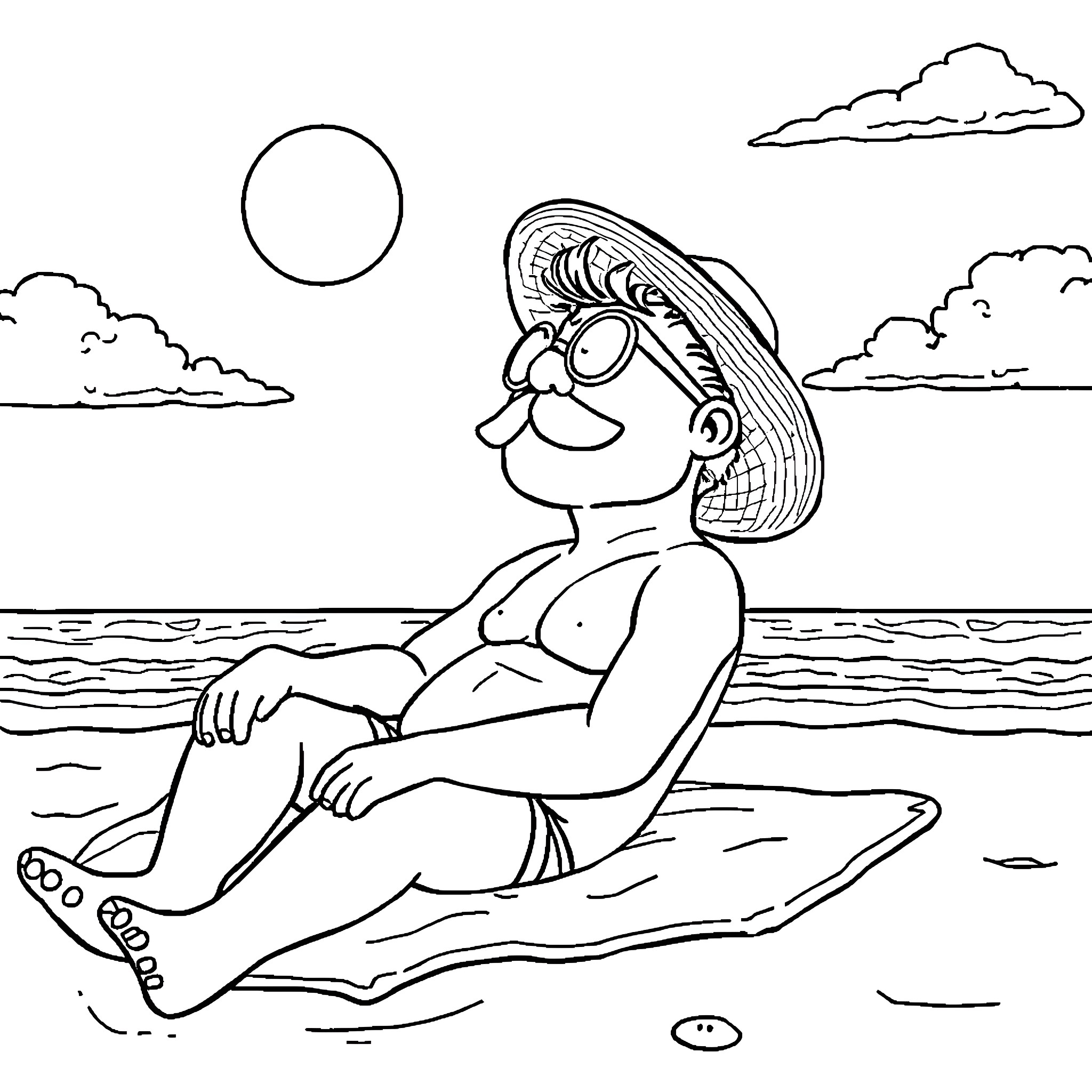 San Guku relaxing at the beach under the sun Coloring Page (free black-and-white line drawing printable PDF for all, from beginners to advanced learners, including children, teens, adults, and seniors)