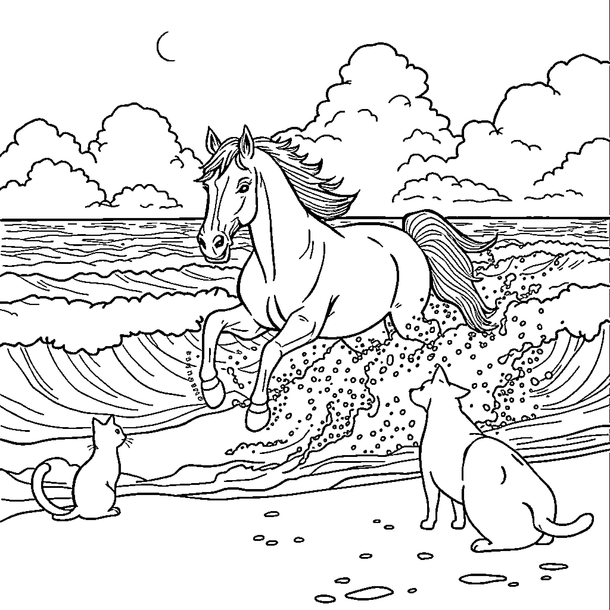 Horse Running Freely along the Beach Coloring Page (free black-and-white line drawing printable PDF for all, from beginners to advanced learners, including children, teens, adults, and seniors)