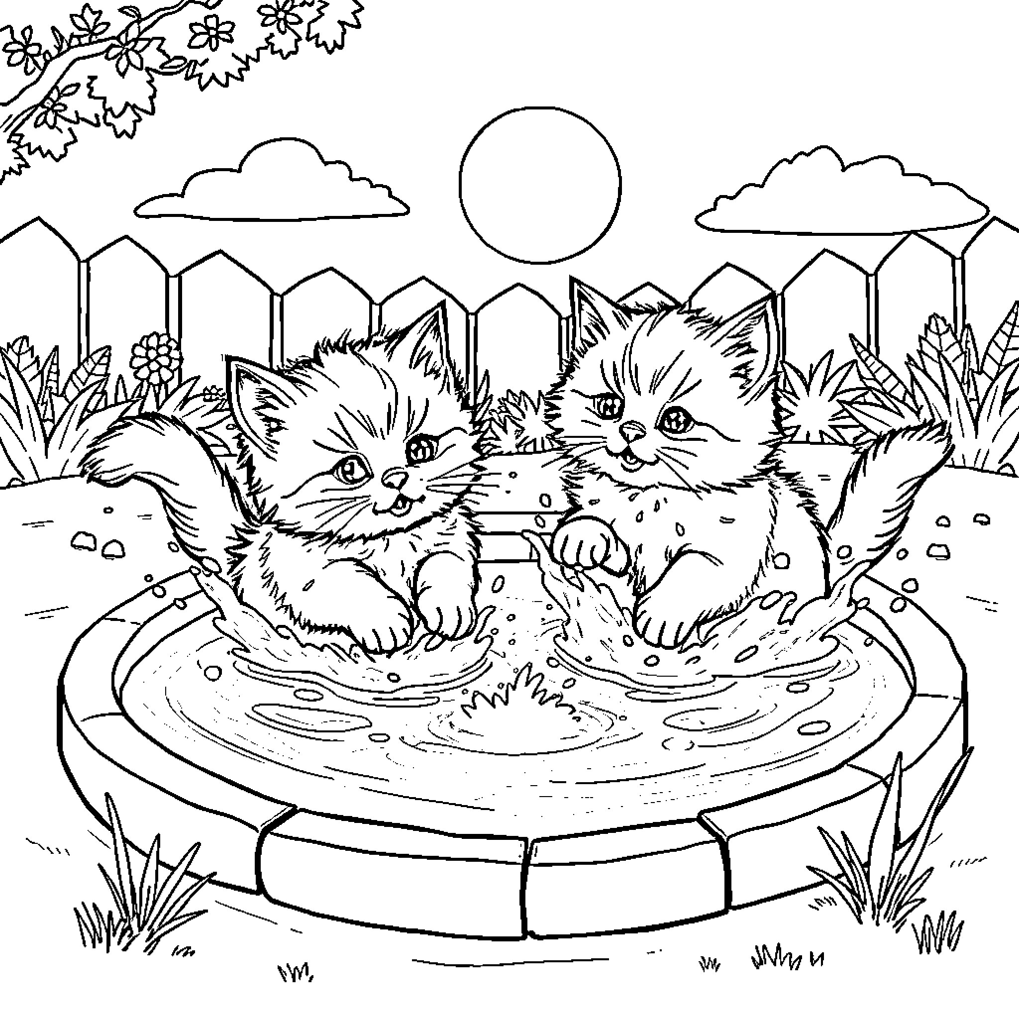 Cat kittens playing in water basin Coloring Page (free black-and-white line drawing printable PDF for all, from beginners to advanced learners, including children, teens, adults, and seniors)