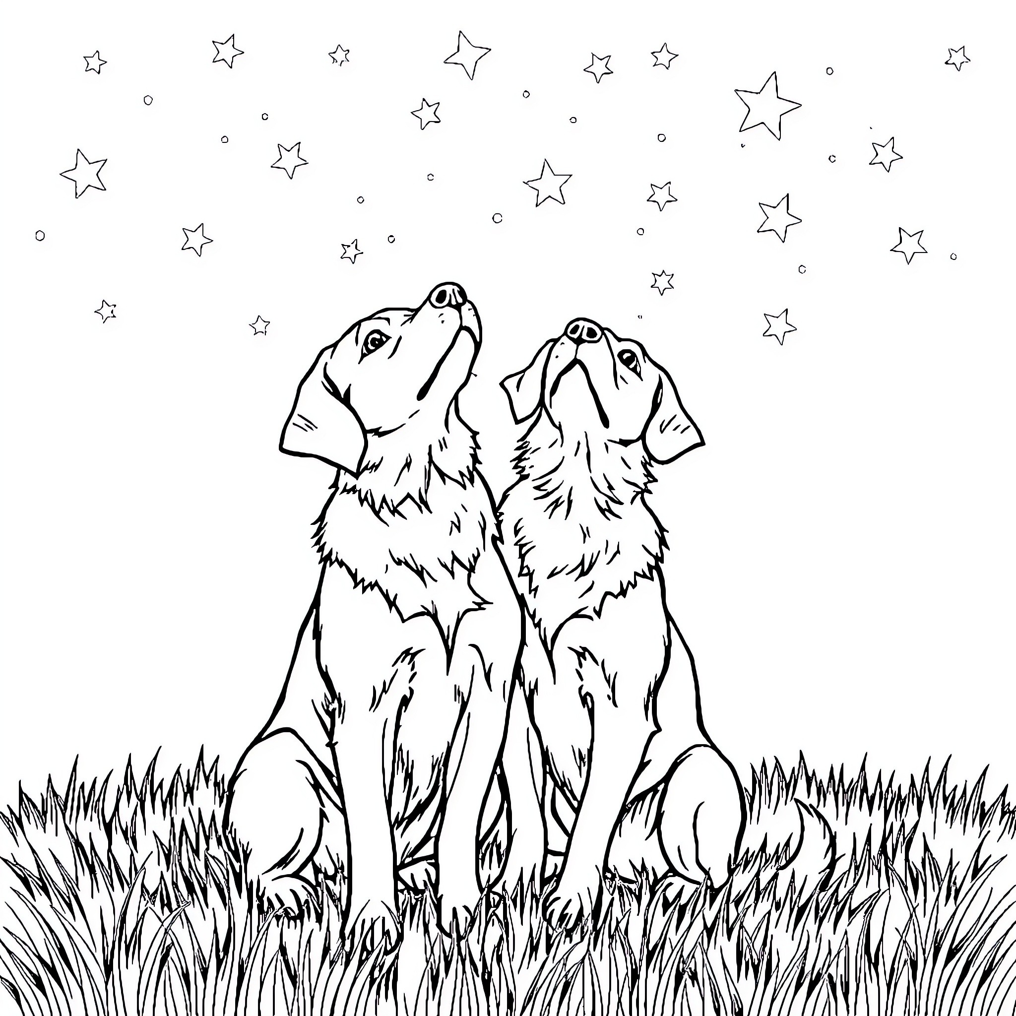 Dogs howling under starry night sky Coloring Page (free black-and-white line drawing printable PDF for all, from beginners to advanced learners, including children, teens, adults, and seniors)