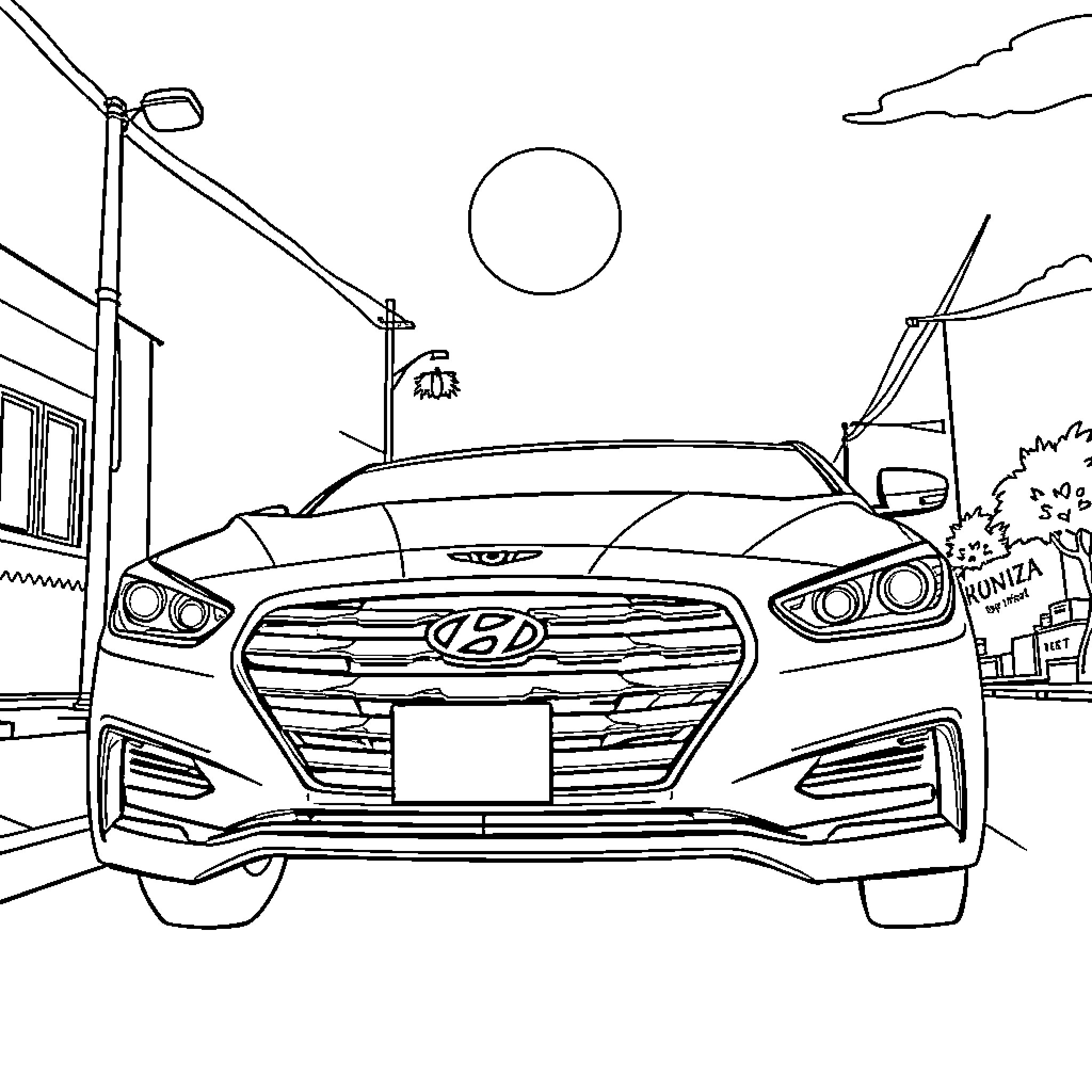 Hyundai car on a city street at night Coloring Page (free black-and-white line drawing printable PDF for all, from beginners to advanced learners, including children, teens, adults, and seniors)