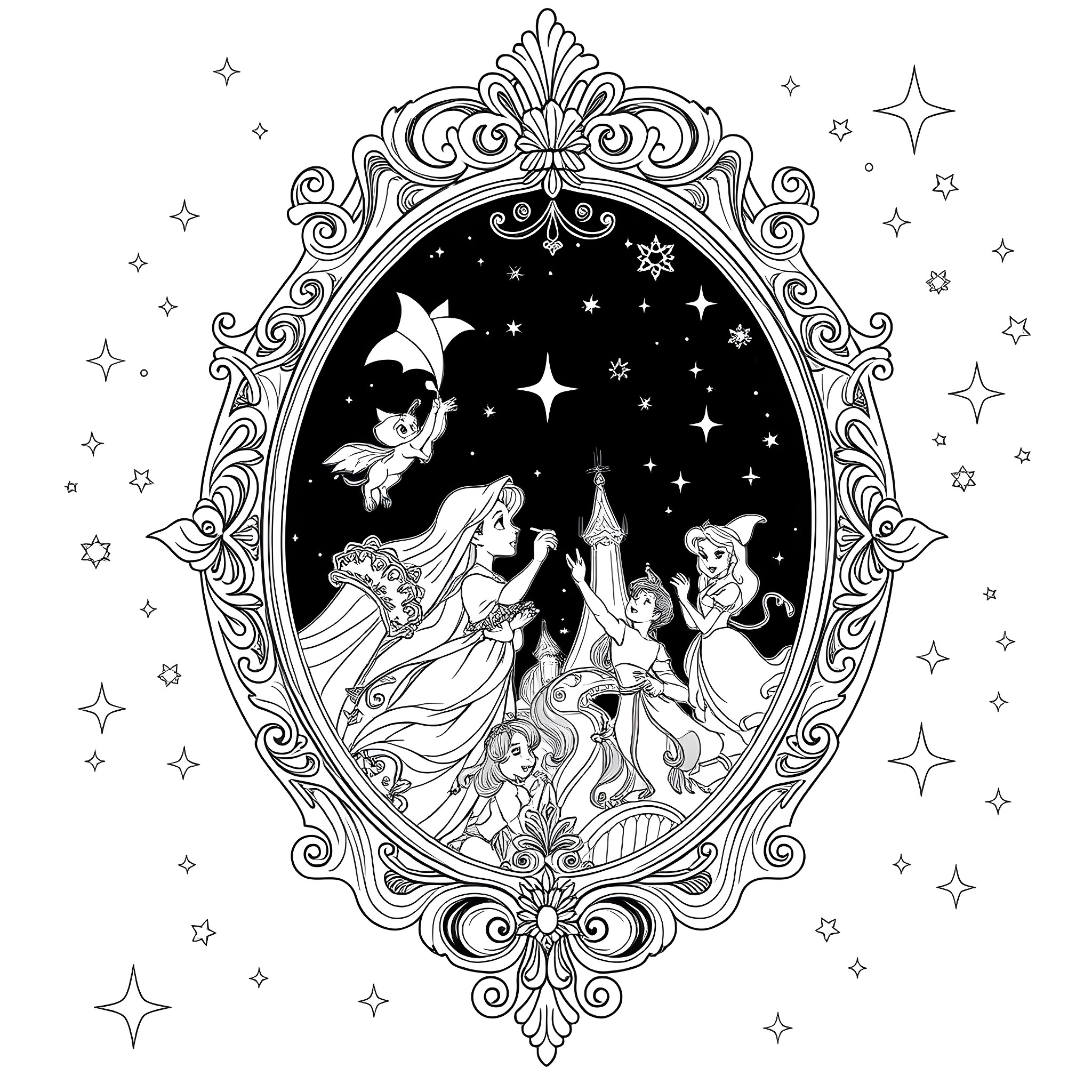 Magic Mirror with Enchanting Fairy Tale Scenes Coloring Page (free black-and-white line drawing printable PDF for all, from beginners to advanced learners, including children, teens, adults, and seniors)