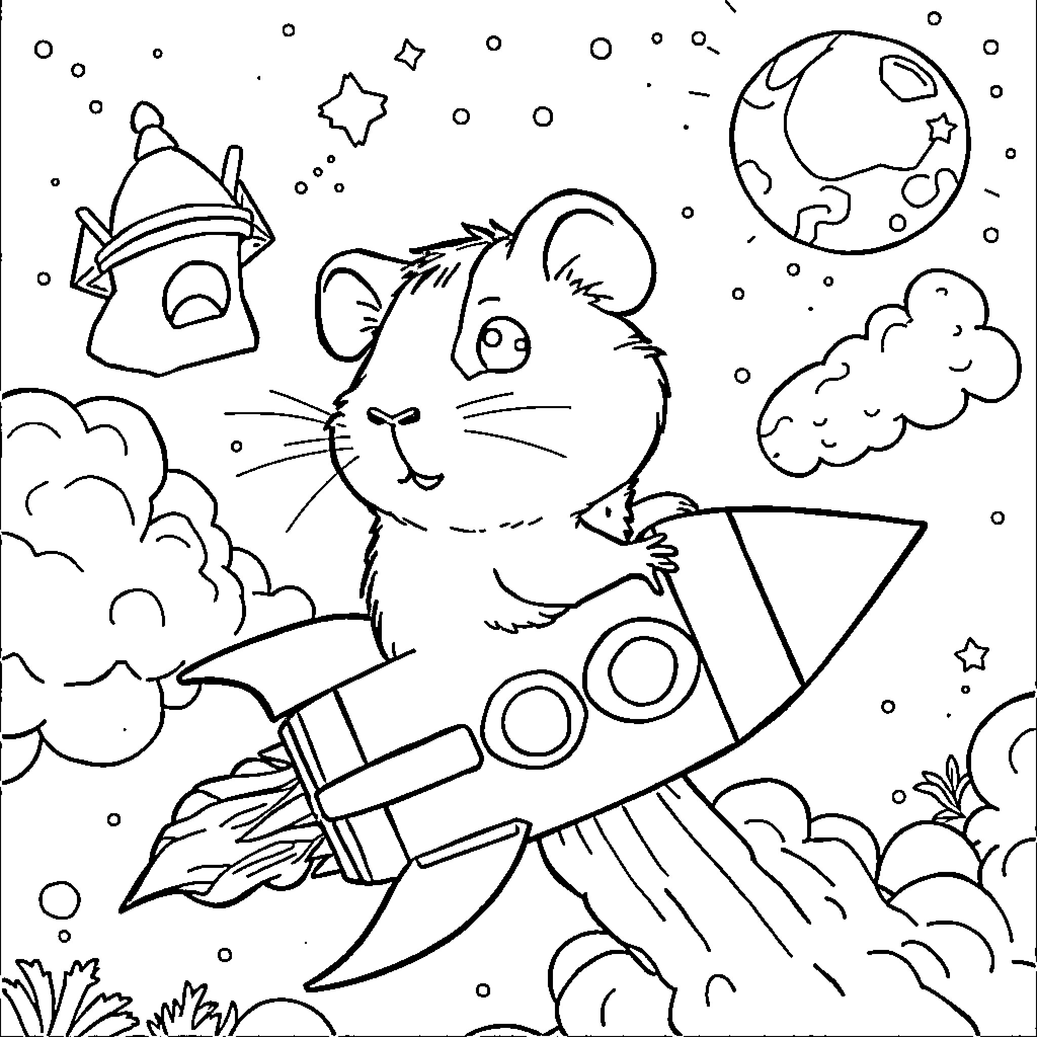 Guinea Pig riding a rocket ship in outer space Coloring Page (free black-and-white line drawing printable PDF for all, from beginners to advanced learners, including children, teens, adults, and seniors)