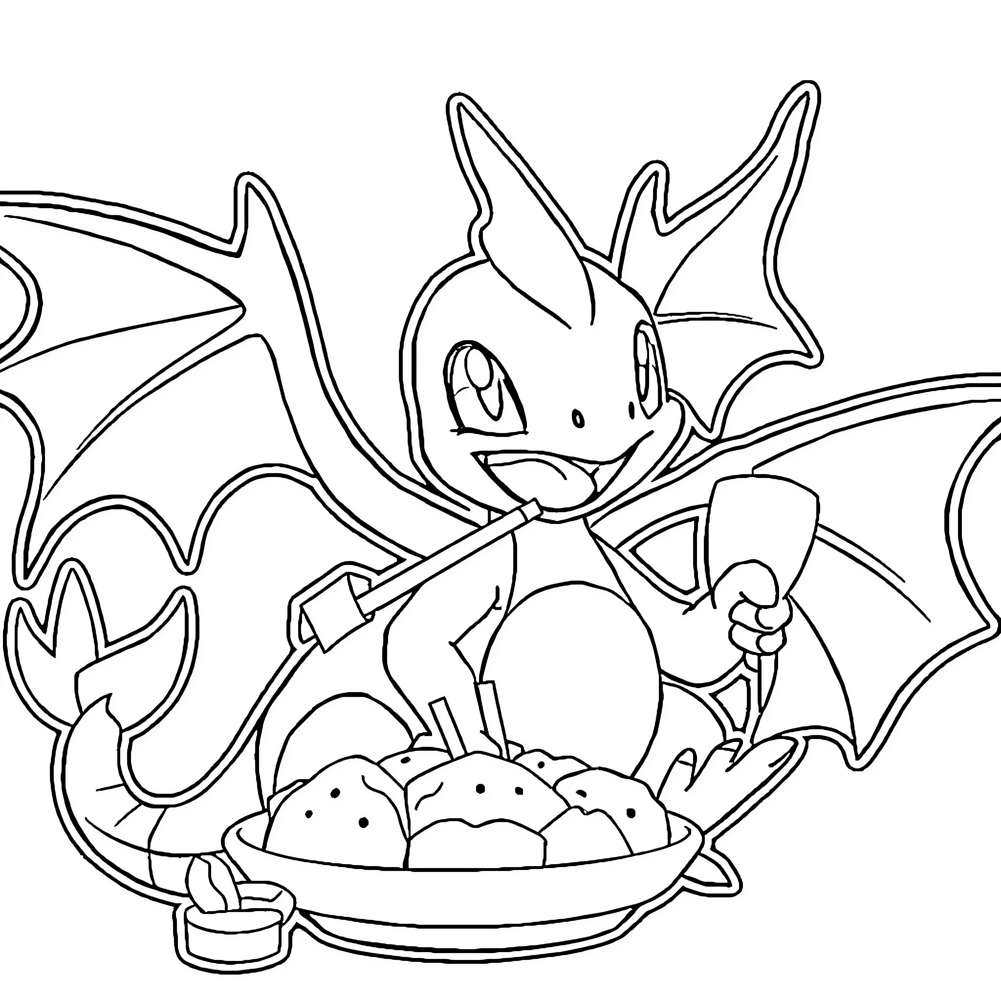Flygon enjoying a tasty meal Coloring Page (free black-and-white line drawing printable PDF for all, from beginners to advanced learners, including children, teens, adults, and seniors)