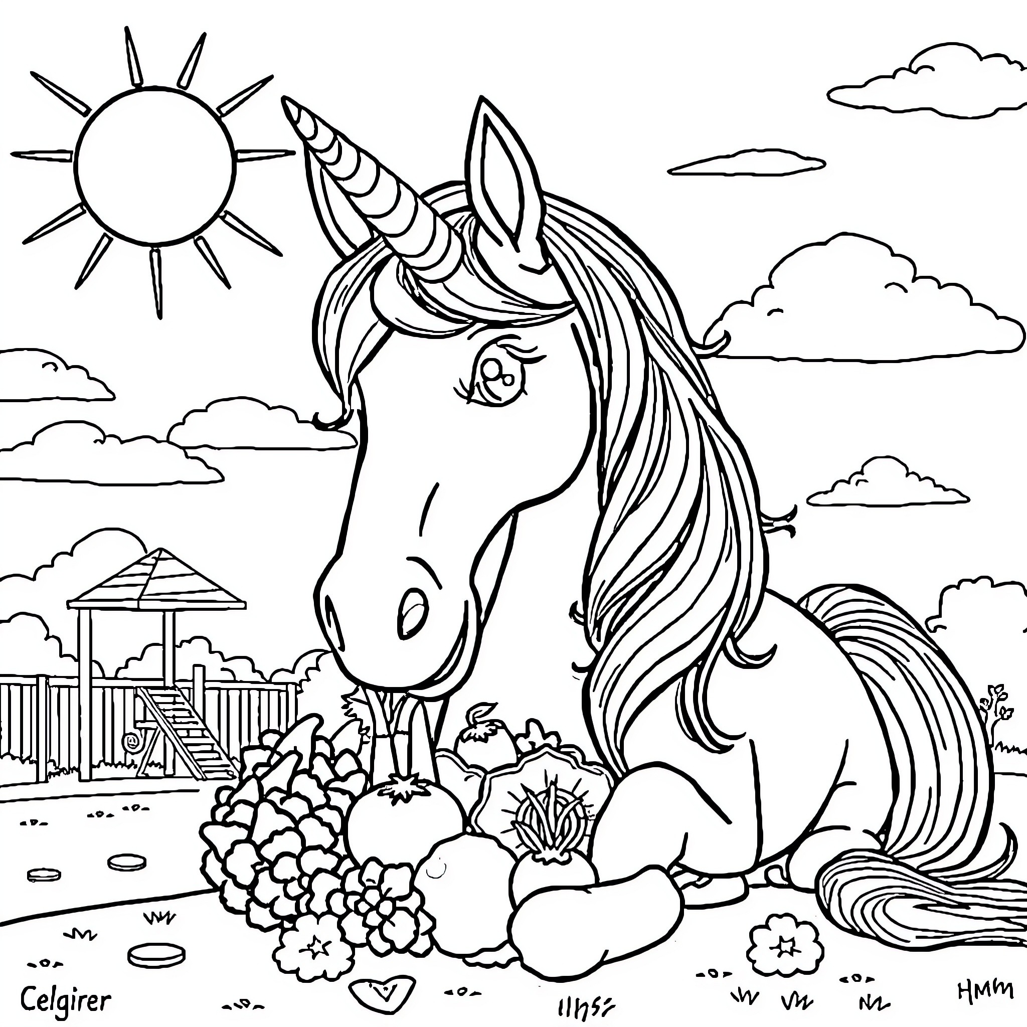 Unicorn relaxing in a peaceful nature scene Coloring Page (free black-and-white line drawing printable PDF for all, from beginners to advanced learners, including children, teens, adults, and seniors)
