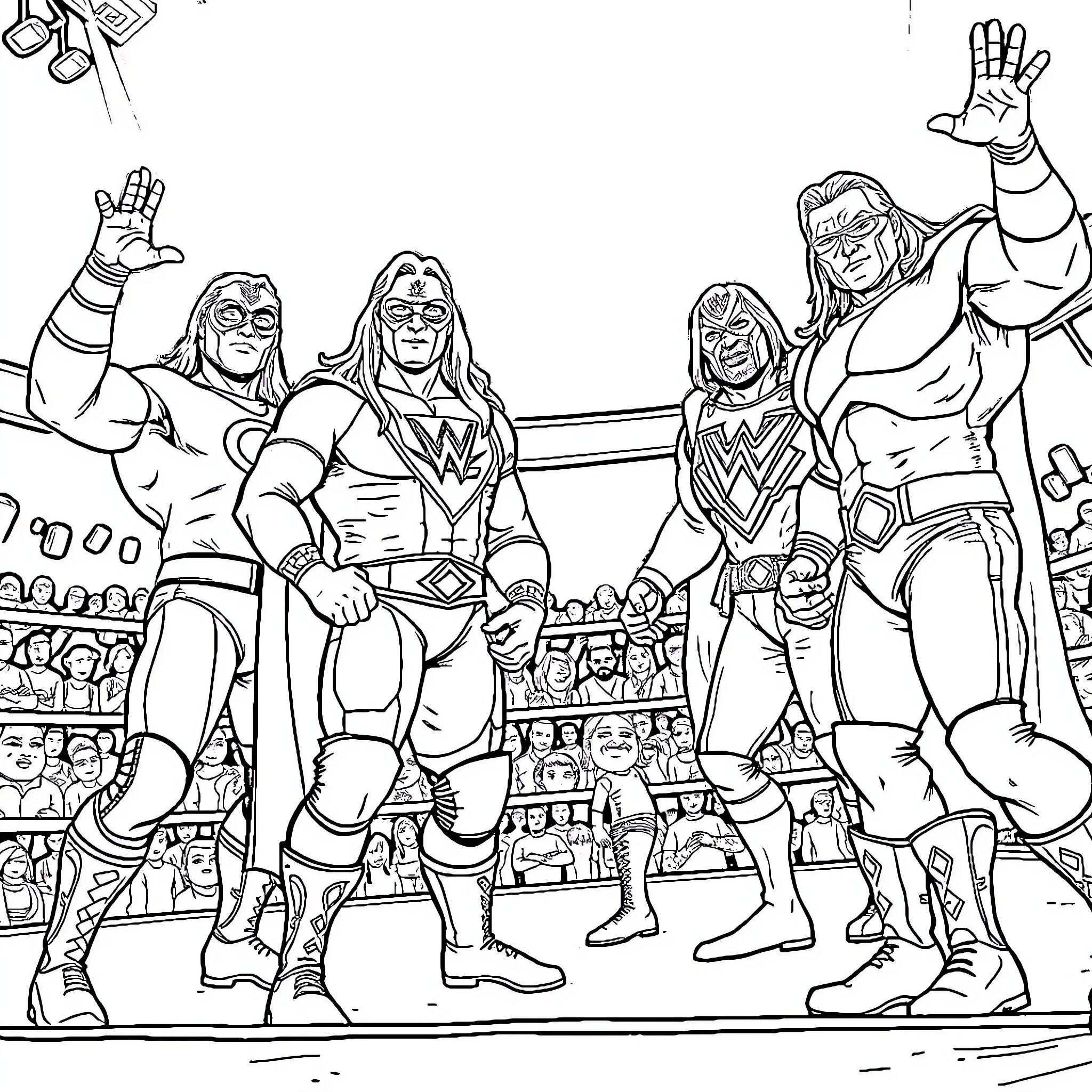 Wrestler's Intense Match in the Spotlight Coloring Page (free black-and-white line drawing printable PDF for all, from beginners to advanced learners, including children, teens, adults, and seniors)