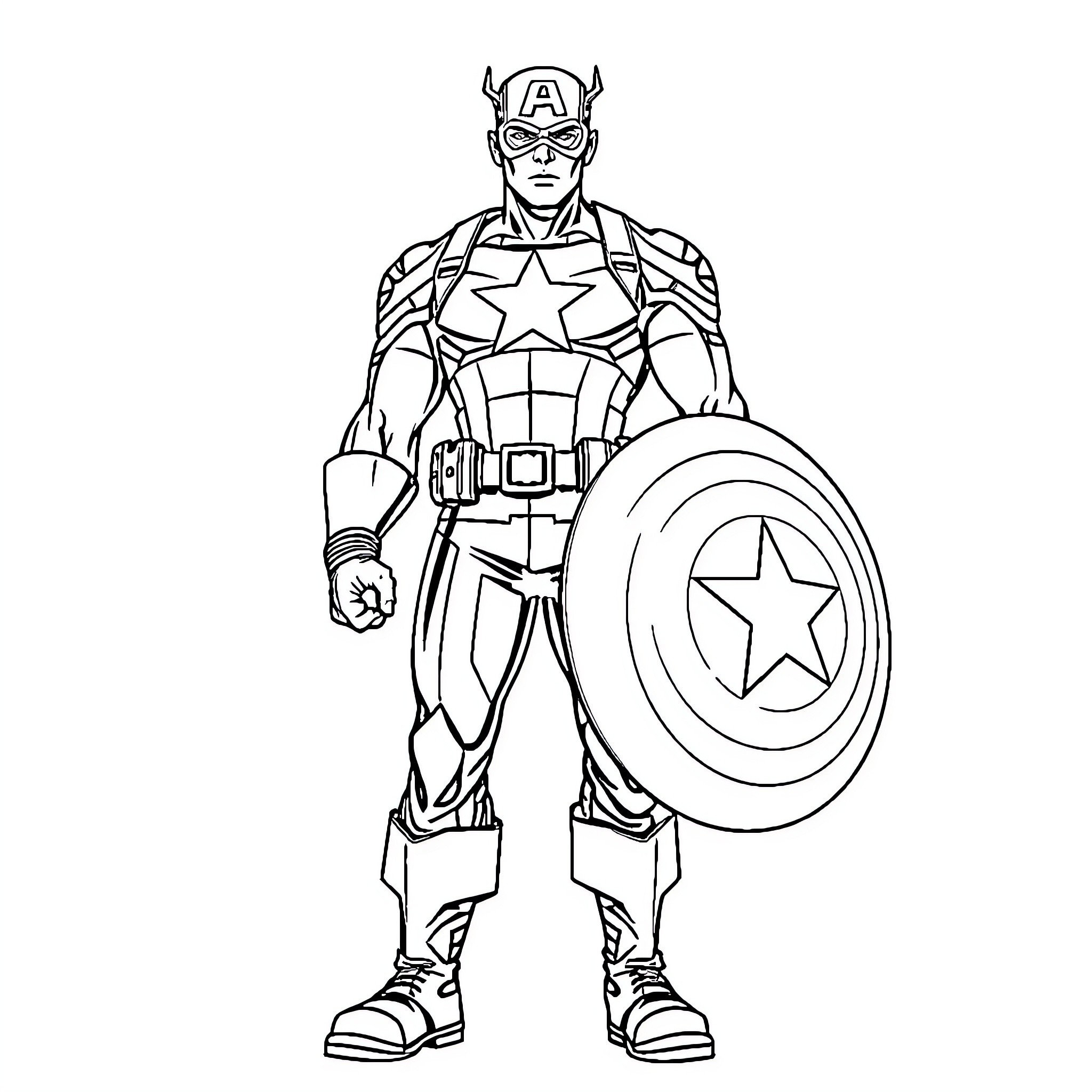 Captain America in heroic stance with shield Coloring Page (free black-and-white line drawing printable PDF for all, from beginners to advanced learners, including children, teens, adults, and seniors)