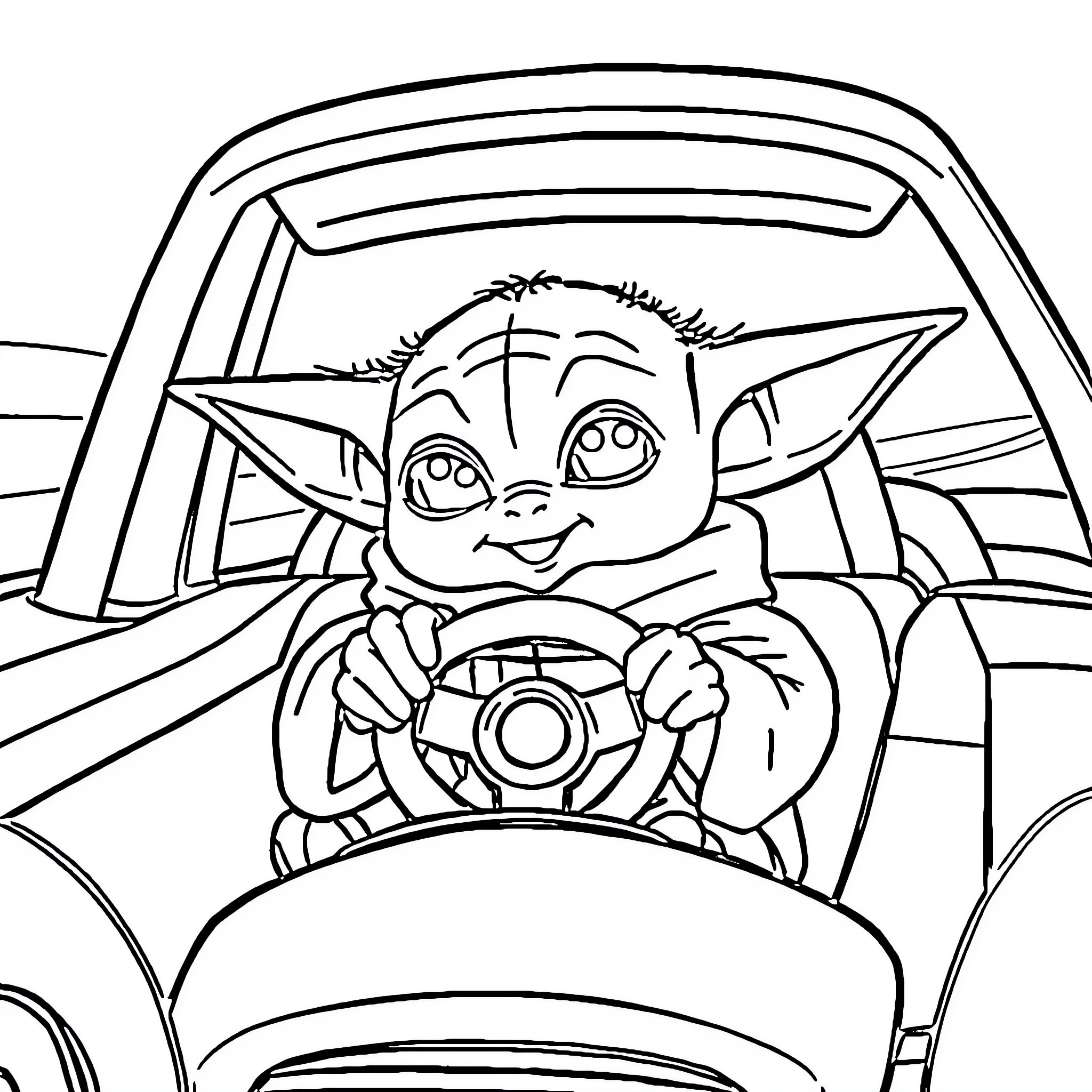 Baby Yoda driving a spaceship happily Coloring Page (free black-and-white line drawing printable PDF for all, from beginners to advanced learners, including children, teens, adults, and seniors)