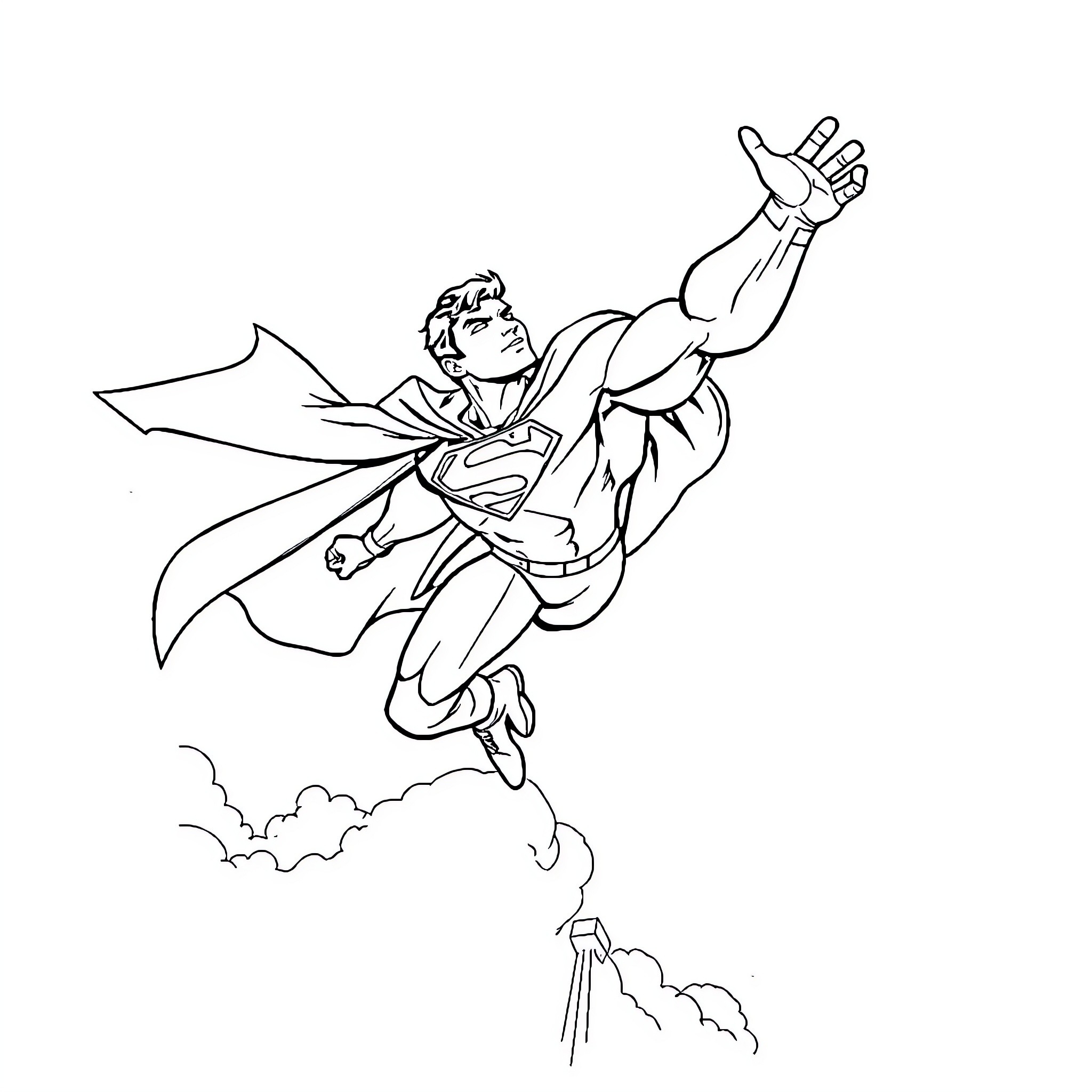 Superman heroically soaring through the skies Coloring Page (free black-and-white line drawing printable PDF for all, from beginners to advanced learners, including children, teens, adults, and seniors)