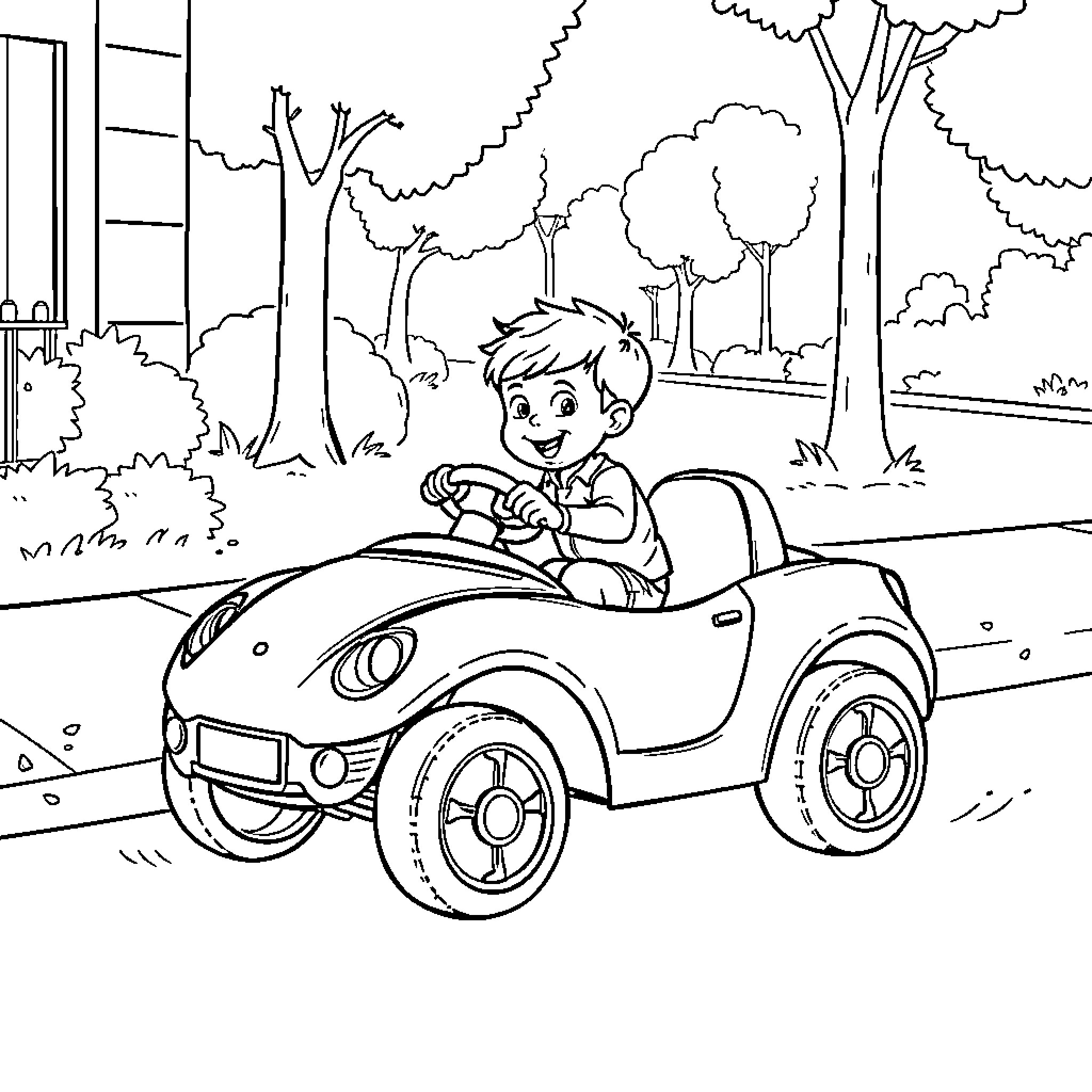 Boy driving toy car through the park Coloring Page (free black-and-white line drawing printable PDF for all, from beginners to advanced learners, including children, teens, adults, and seniors)