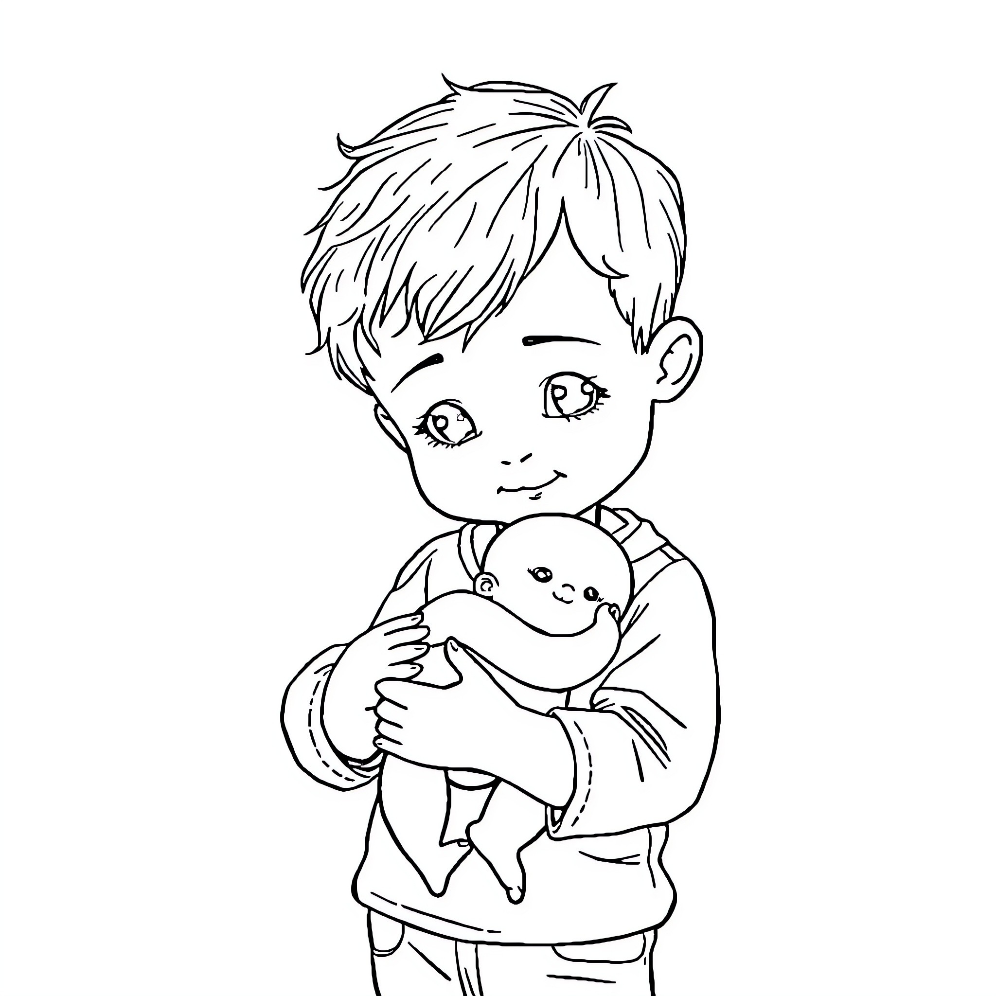 Toddler lovingly holding stuffed animal Coloring Page (free black-and-white line drawing printable PDF for all, from beginners to advanced learners, including children, teens, adults, and seniors)