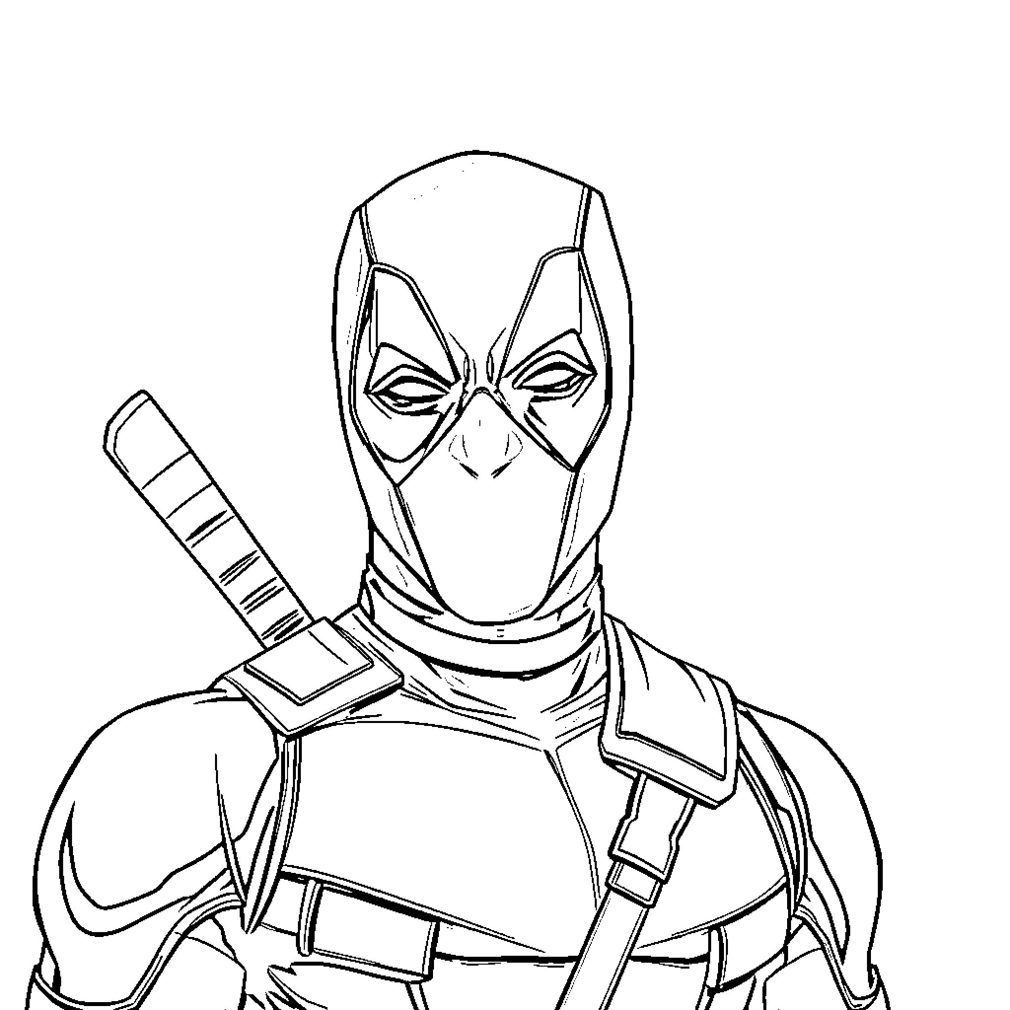 Deadpool with Determined Expression and Weapon Coloring Page (free black-and-white line drawing printable PDF for all, from beginners to advanced learners, including children, teens, adults, and seniors)