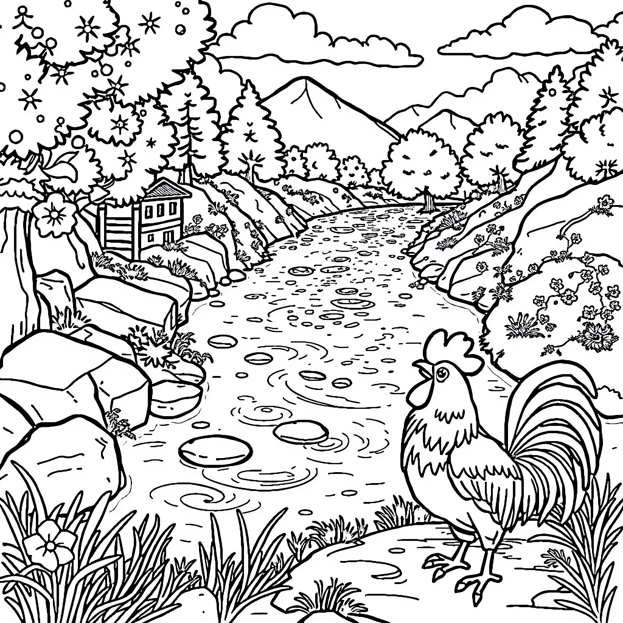 Rooster in the Serene Mountain Landscape Coloring Page (free black-and-white line drawing printable PDF for all, from beginners to advanced learners, including children, teens, adults, and seniors)
