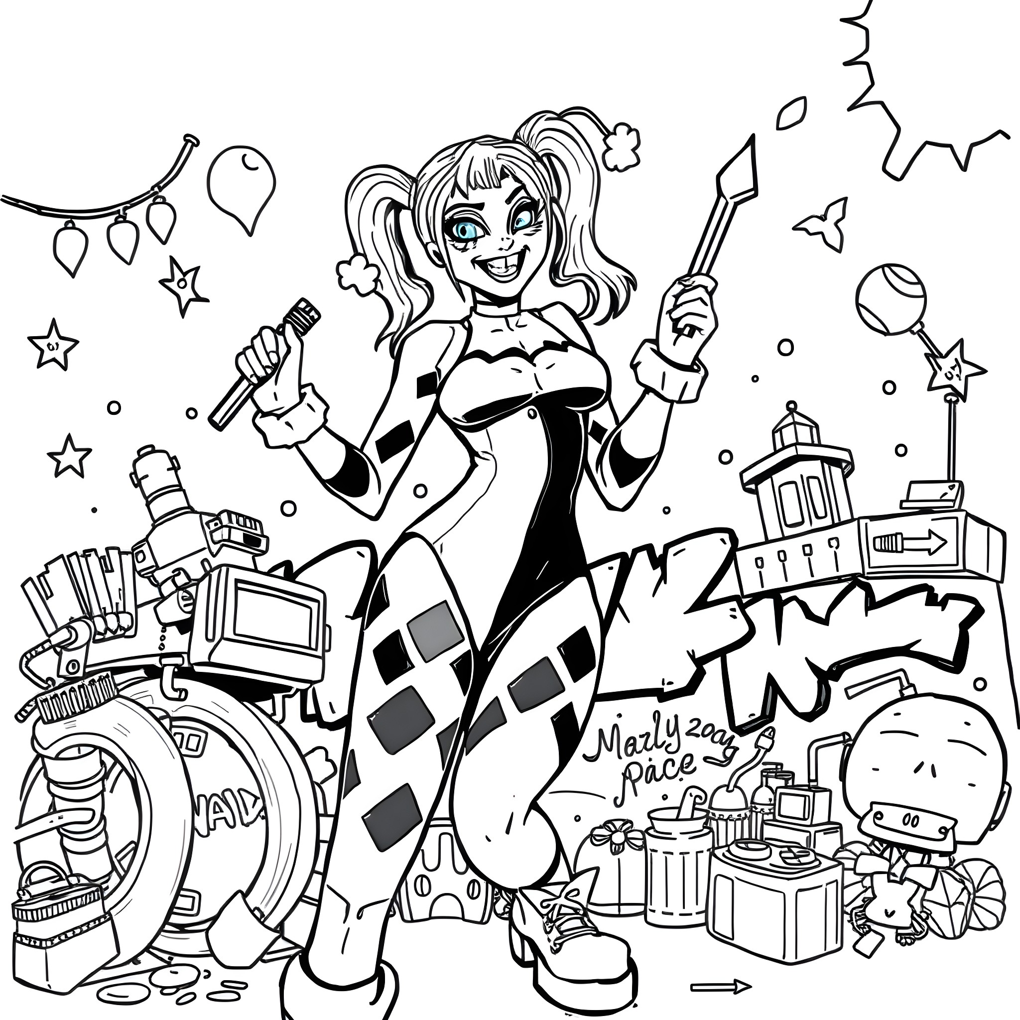 Harley Quinn in a vibrant and dynamic scene Coloring Page (free black-and-white line drawing printable PDF for all, from beginners to advanced learners, including children, teens, adults, and seniors)