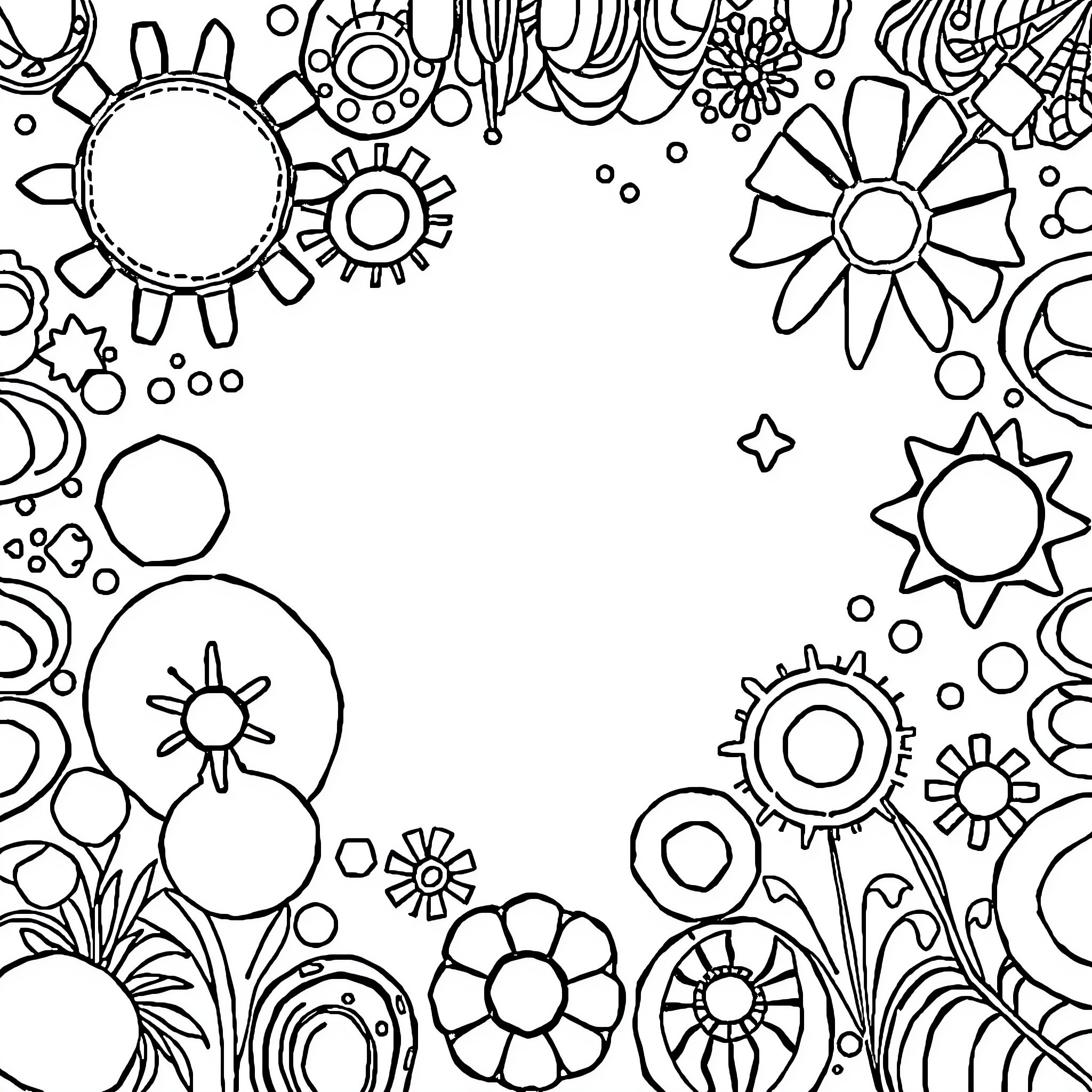 Background of abstract floral patterns and shapes Coloring Page (free black-and-white line drawing printable PDF for all, from beginners to advanced learners, including children, teens, adults, and seniors)