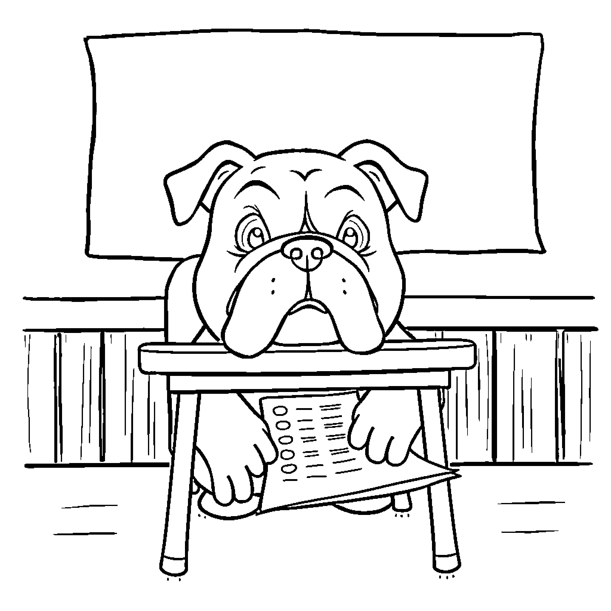 Bulldog studying intently at school desk Coloring Page (free black-and-white line drawing printable PDF for all, from beginners to advanced learners, including children, teens, adults, and seniors)