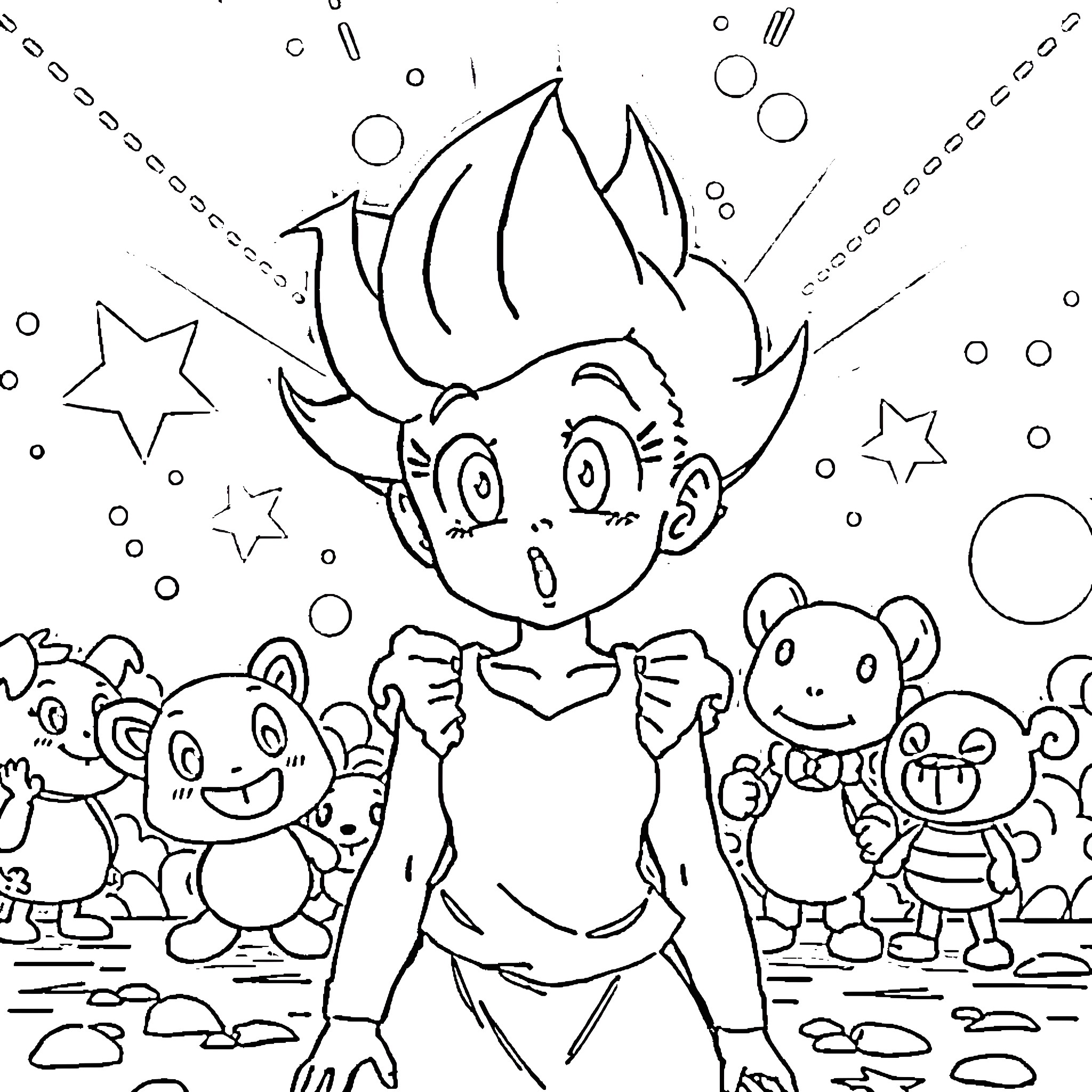 Bulma's Animated Antics Amidst Whimsical Companions Coloring Page (free black-and-white line drawing printable PDF for all, from beginners to advanced learners, including children, teens, adults, and seniors)
