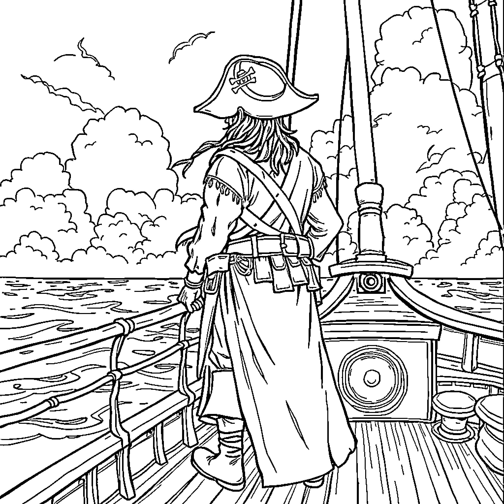 Raider exploring the open sea on a pirate ship Coloring Page (free black-and-white line drawing printable PDF for all, from beginners to advanced learners, including children, teens, adults, and seniors)