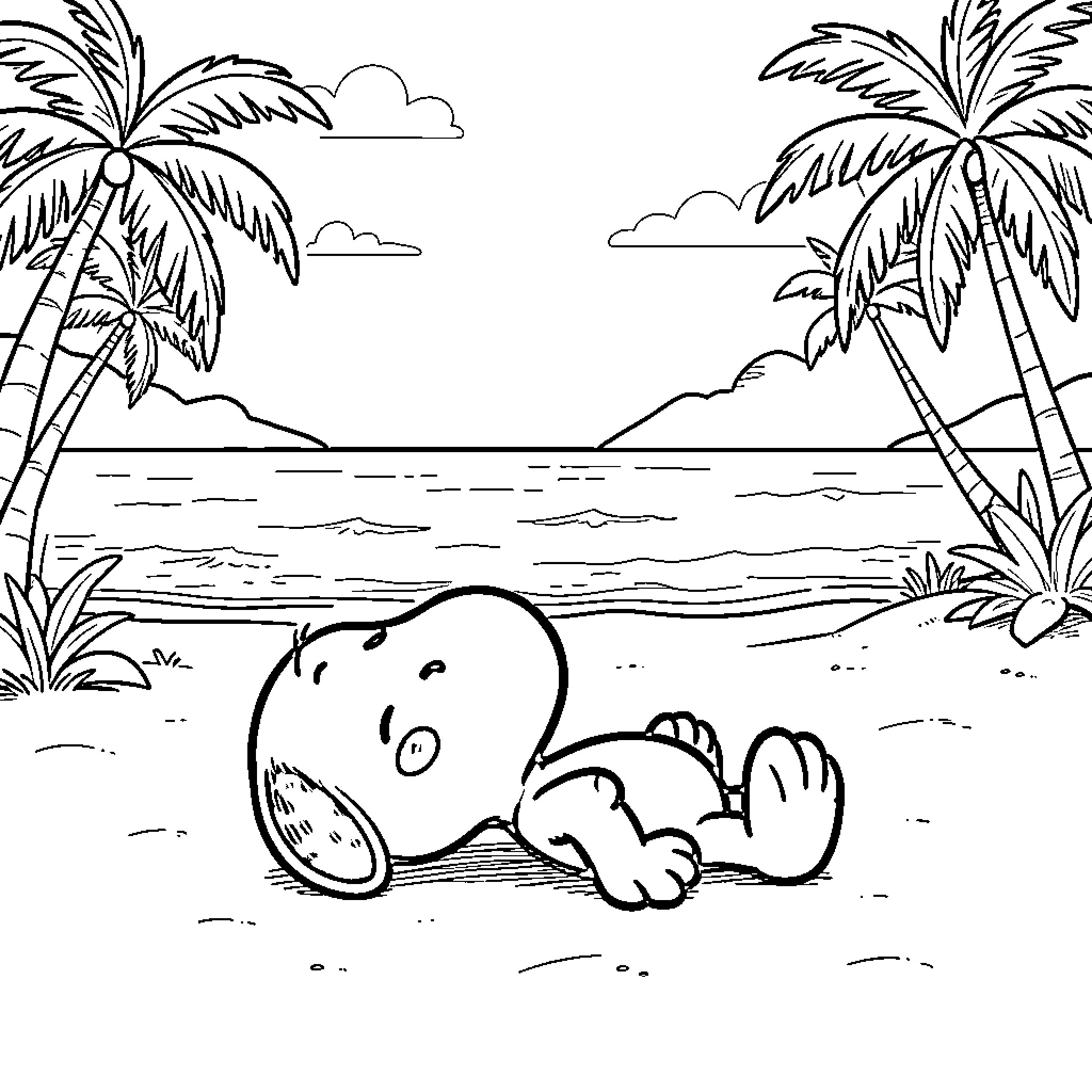 Snoopy relaxing on a tropical beach Coloring Page (free black-and-white line drawing printable PDF for all, from beginners to advanced learners, including children, teens, adults, and seniors)