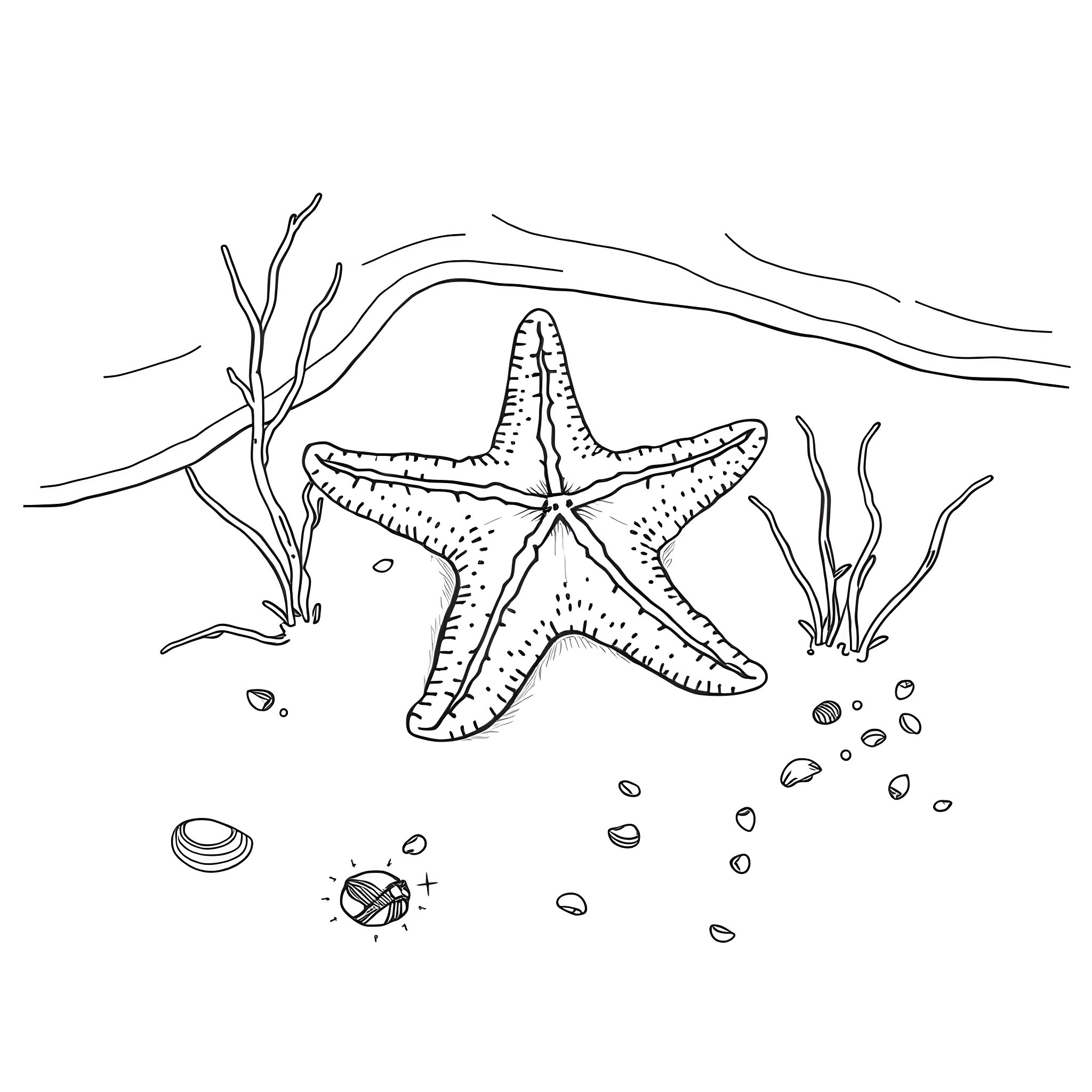 Starfish on the ocean floor Coloring Page (free black-and-white line drawing printable PDF for all, from beginners to advanced learners, including children, teens, adults, and seniors)