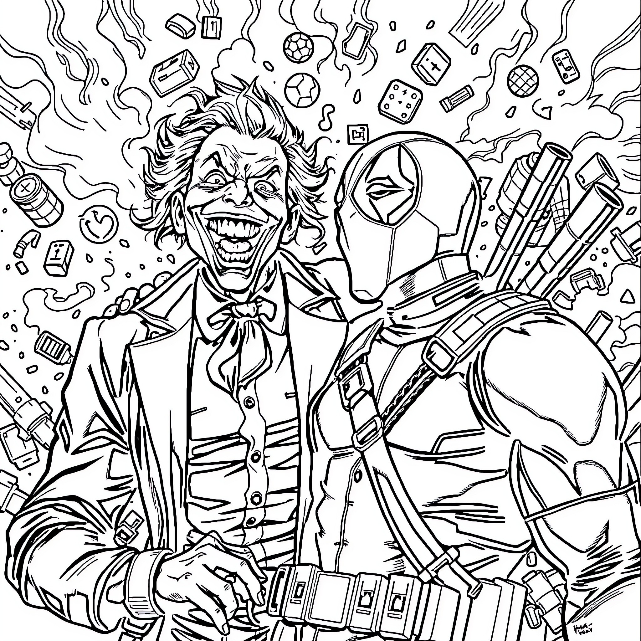 Joker's Chaotic Adventure Coloring Page (free black-and-white line drawing printable PDF for all, from beginners to advanced learners, including children, teens, adults, and seniors)