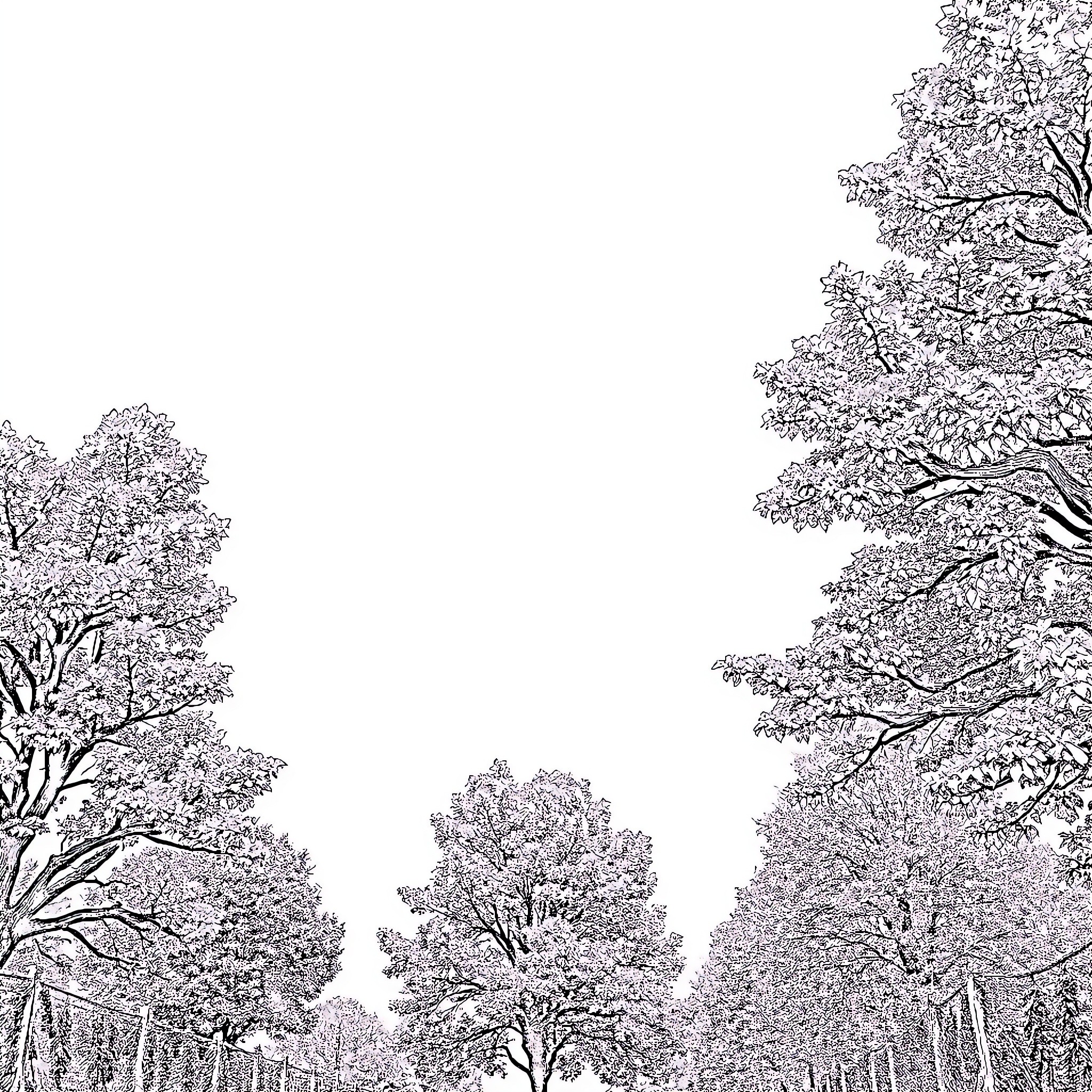 Summer Tranquility in the Snowy Forest Coloring Page (free black-and-white line drawing printable PDF for all, from beginners to advanced learners, including children, teens, adults, and seniors)