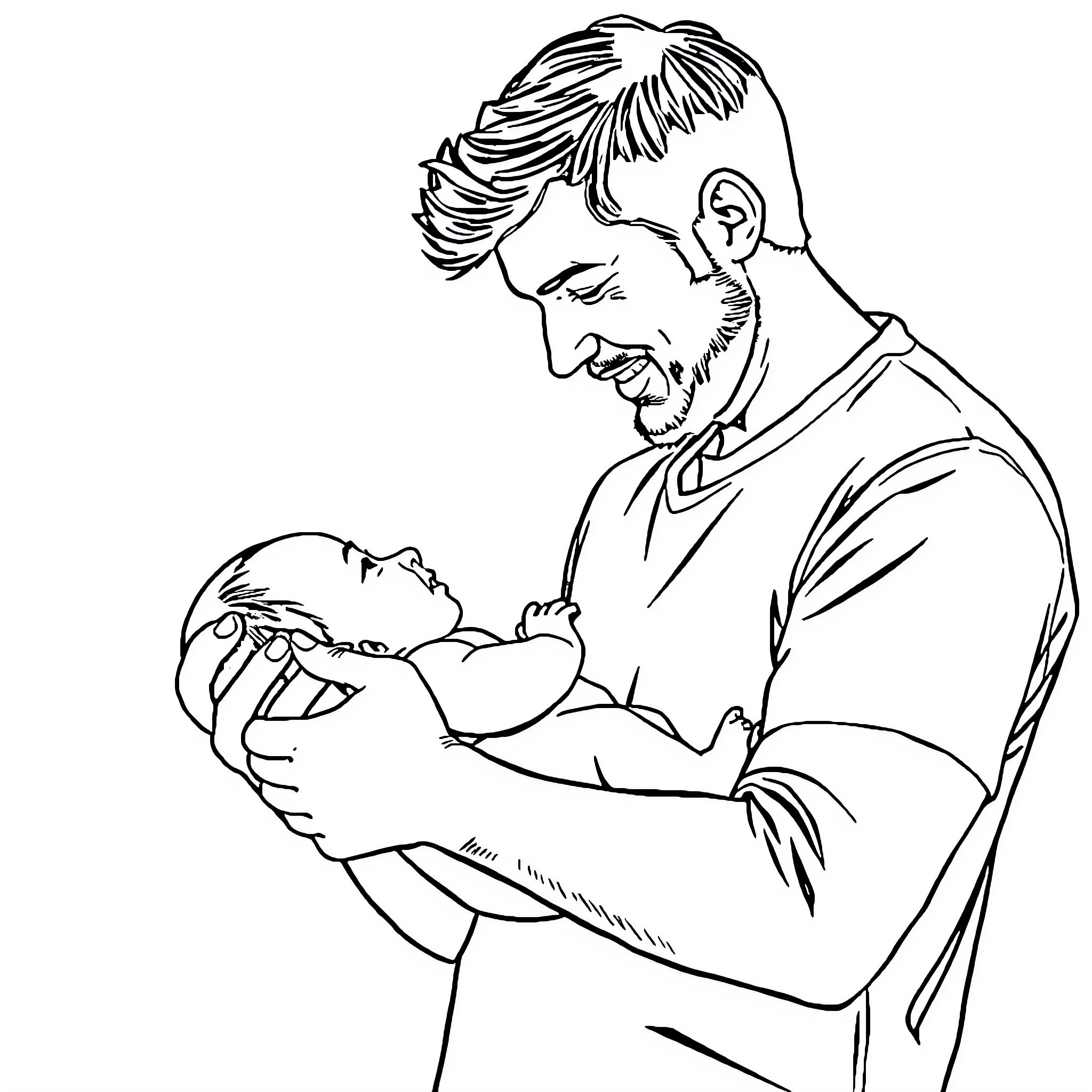 Man gently holding and caring for a baby Coloring Page (free black-and-white line drawing printable PDF for all, from beginners to advanced learners, including children, teens, adults, and seniors)