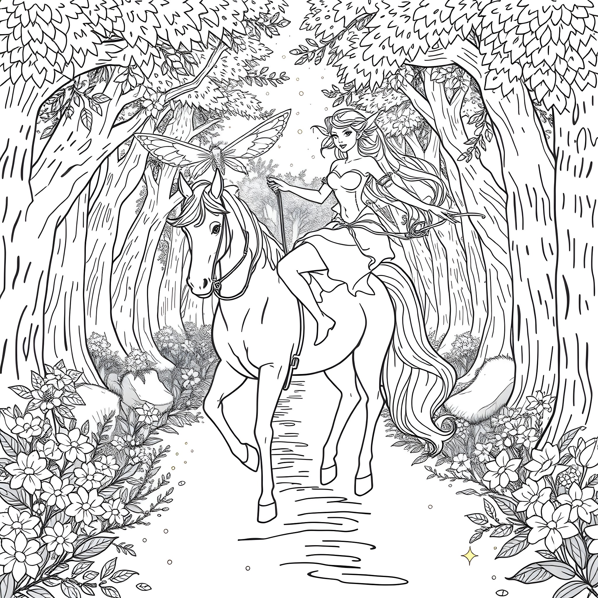 Elf Riding a Majestic Horse Through a Whimsical Forest Coloring Page (free black-and-white line drawing printable PDF for all, from beginners to advanced learners, including children, teens, adults, and seniors)