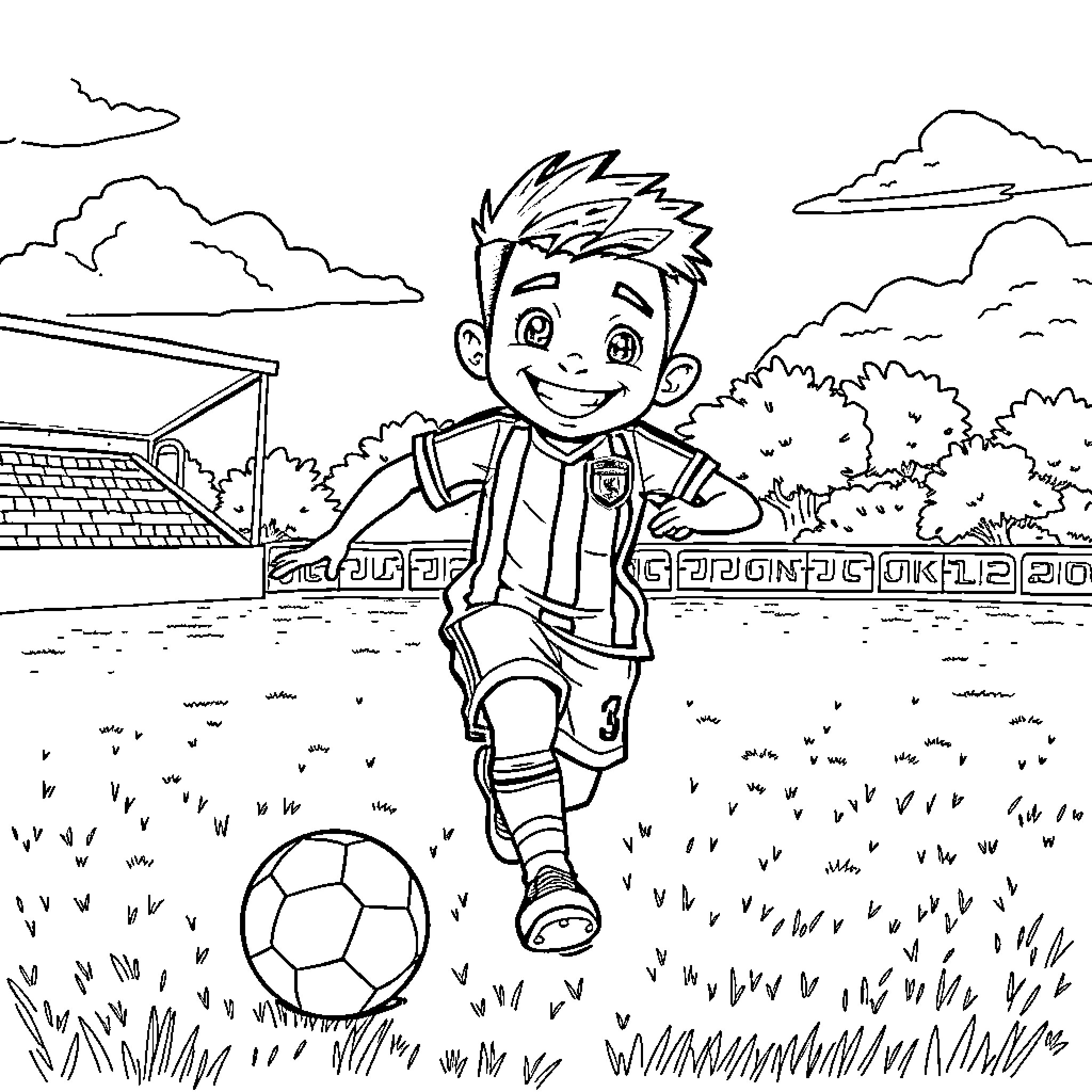 Lamine Yamal playing joyfully with a soccer ball Coloring Page (free black-and-white line drawing printable PDF for all, from beginners to advanced learners, including children, teens, adults, and seniors)
