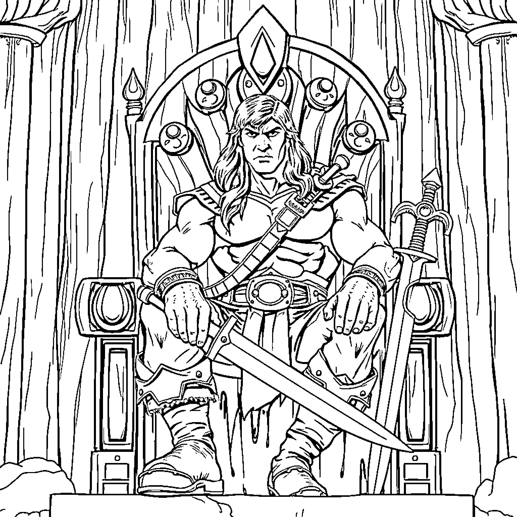 Conan the Barbarian sits on a throne in an ornate chamber Coloring Page (free black-and-white line drawing printable PDF for all, from beginners to advanced learners, including children, teens, adults, and seniors)