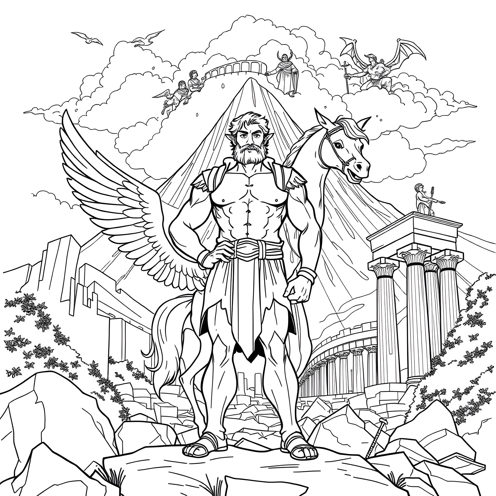 Hercules' Mythical Adventure with Pegasus and Mythical Creatures Coloring Page (free black-and-white line drawing printable PDF for all, from beginners to advanced learners, including children, teens, adults, and seniors)