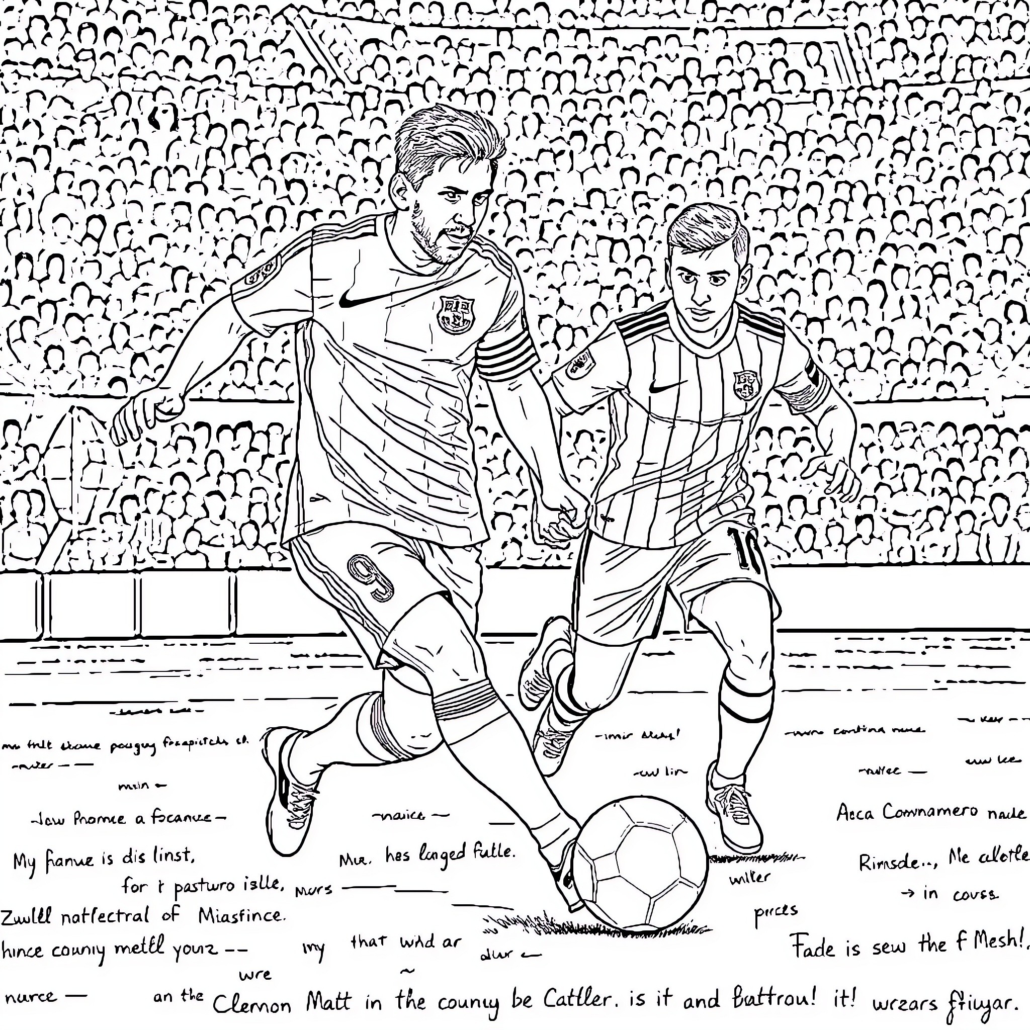 Messi and Teammates Competing on the Soccer Field Coloring Page (free black-and-white line drawing printable PDF for all, from beginners to advanced learners, including children, teens, adults, and seniors)
