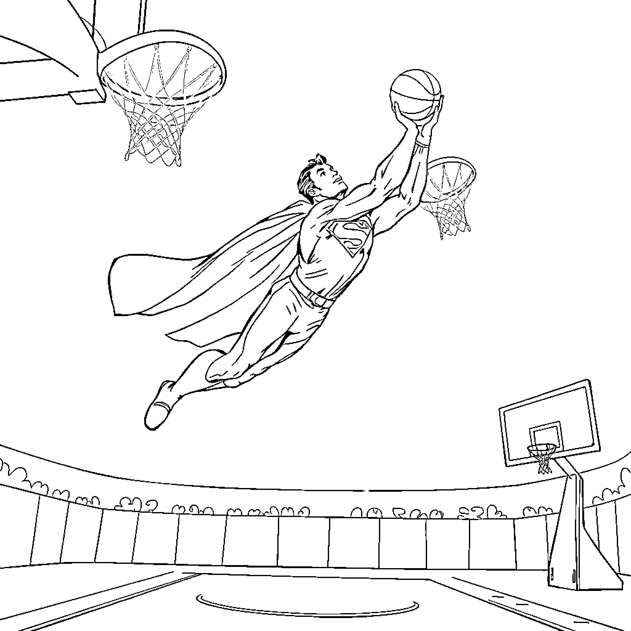 Superman slam dunking on basketball court Coloring Page (free black-and-white line drawing printable PDF for all, from beginners to advanced learners, including children, teens, adults, and seniors)