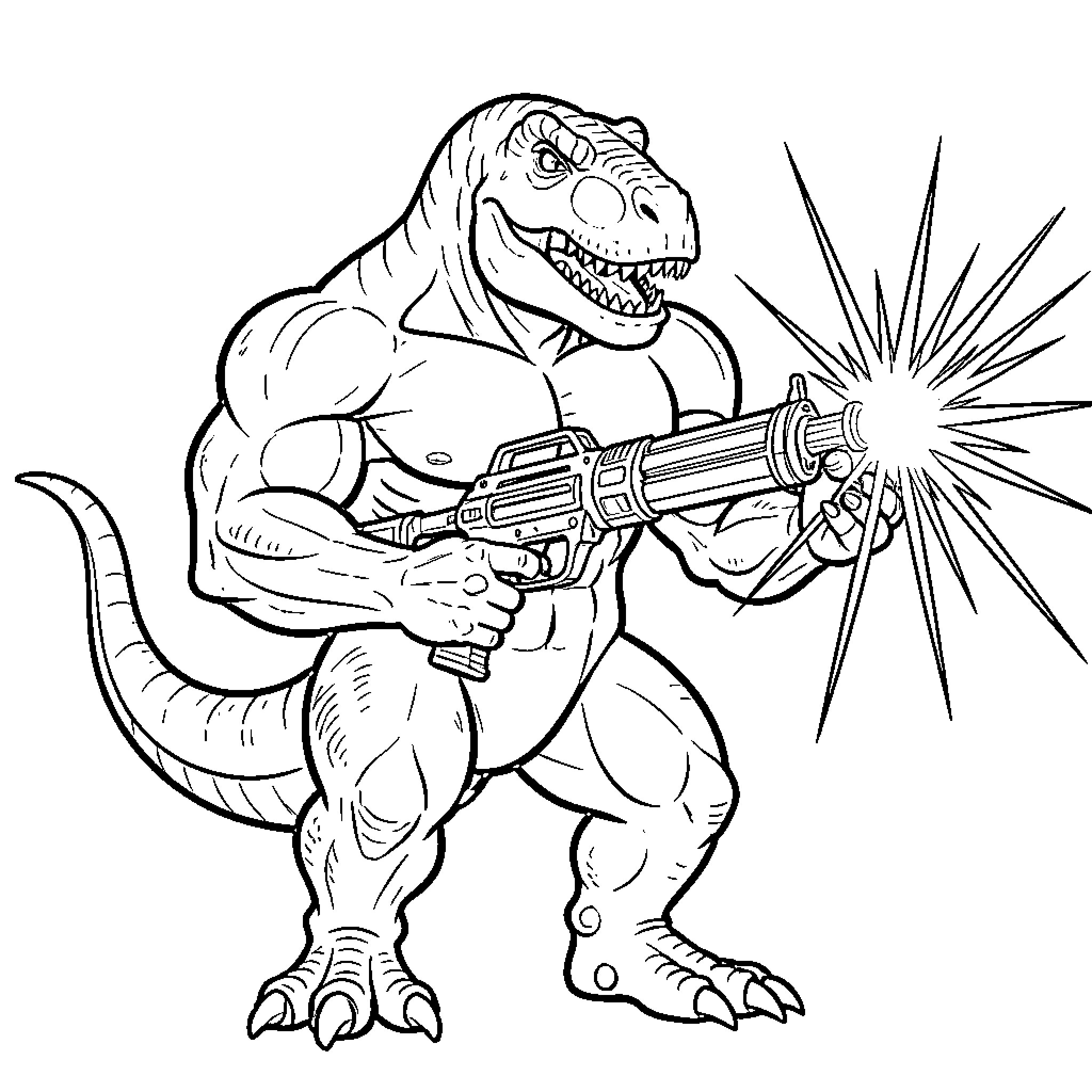 Dinosaur wielding a futuristic weapon Coloring Page (free black-and-white line drawing printable PDF for all, from beginners to advanced learners, including children, teens, adults, and seniors)