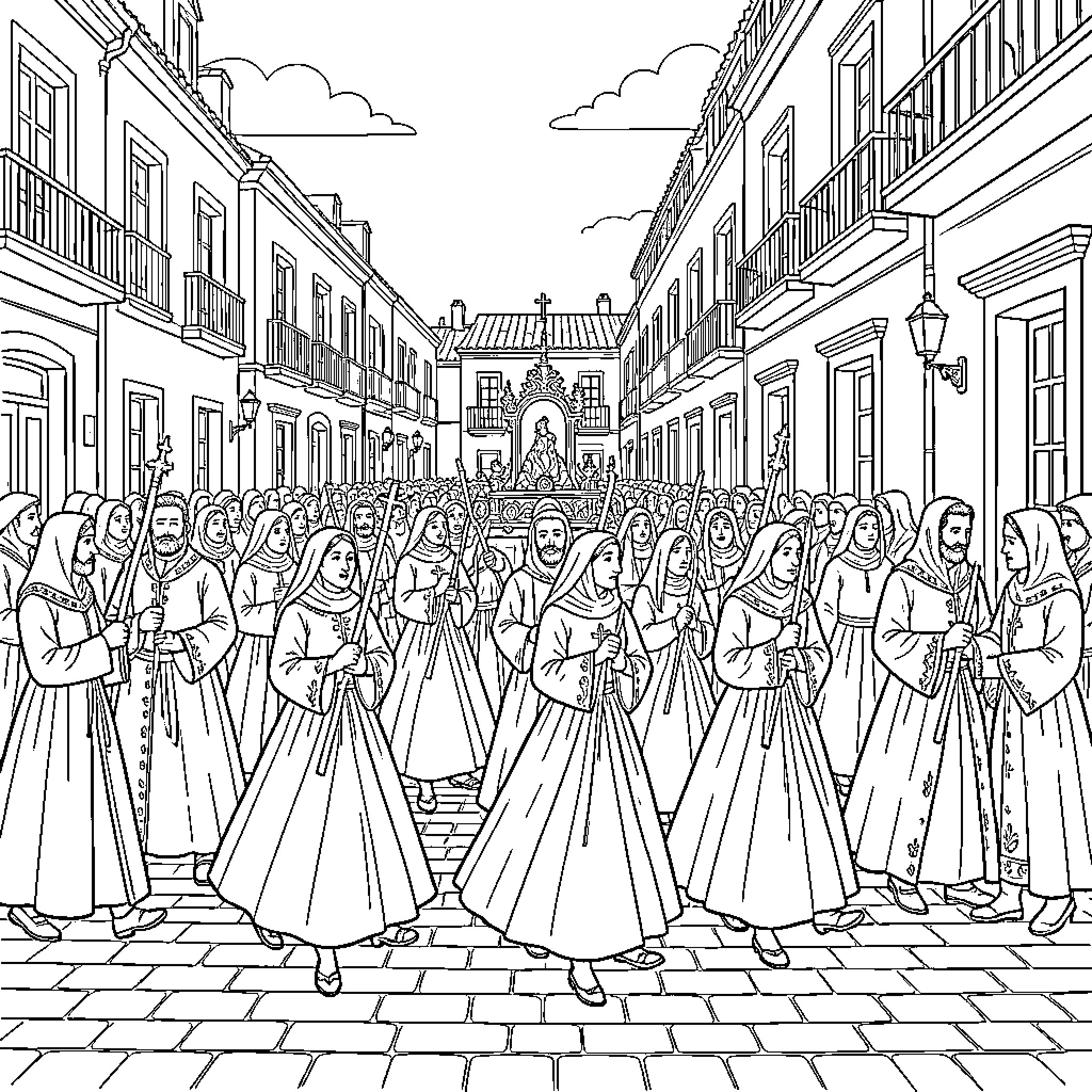 Semana Santa procession with people in traditional robes Coloring Page (free black-and-white line drawing printable PDF for all, from beginners to advanced learners, including children, teens, adults, and seniors)