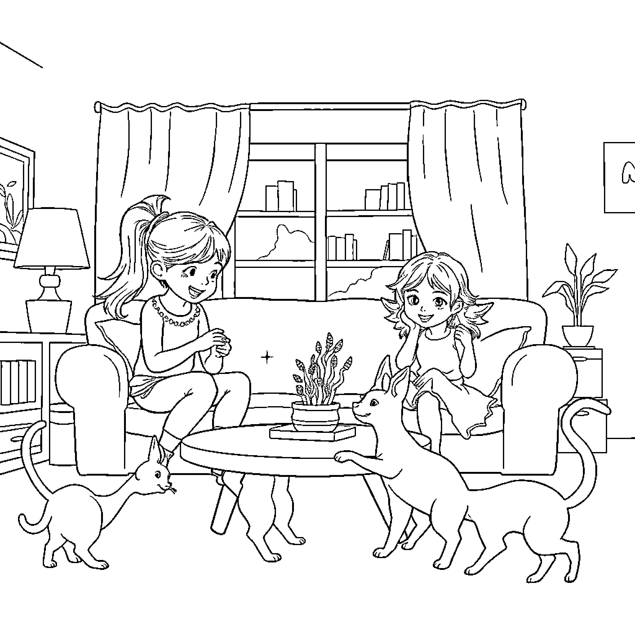 Child friends enjoying indoor playtime with pets Coloring Page (free black-and-white line drawing printable PDF for all, from beginners to advanced learners, including children, teens, adults, and seniors)